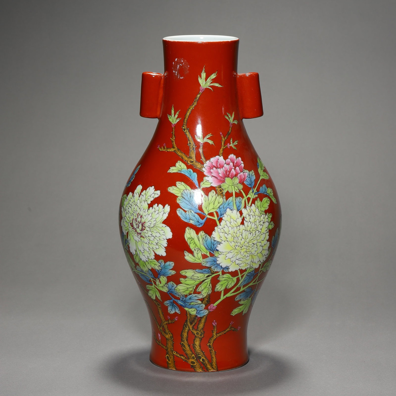 Qing Dynasty Yongzheng Period,Two-Eared Zun Vase with Floral in Famille Rose on Red Ground (1 of 6)