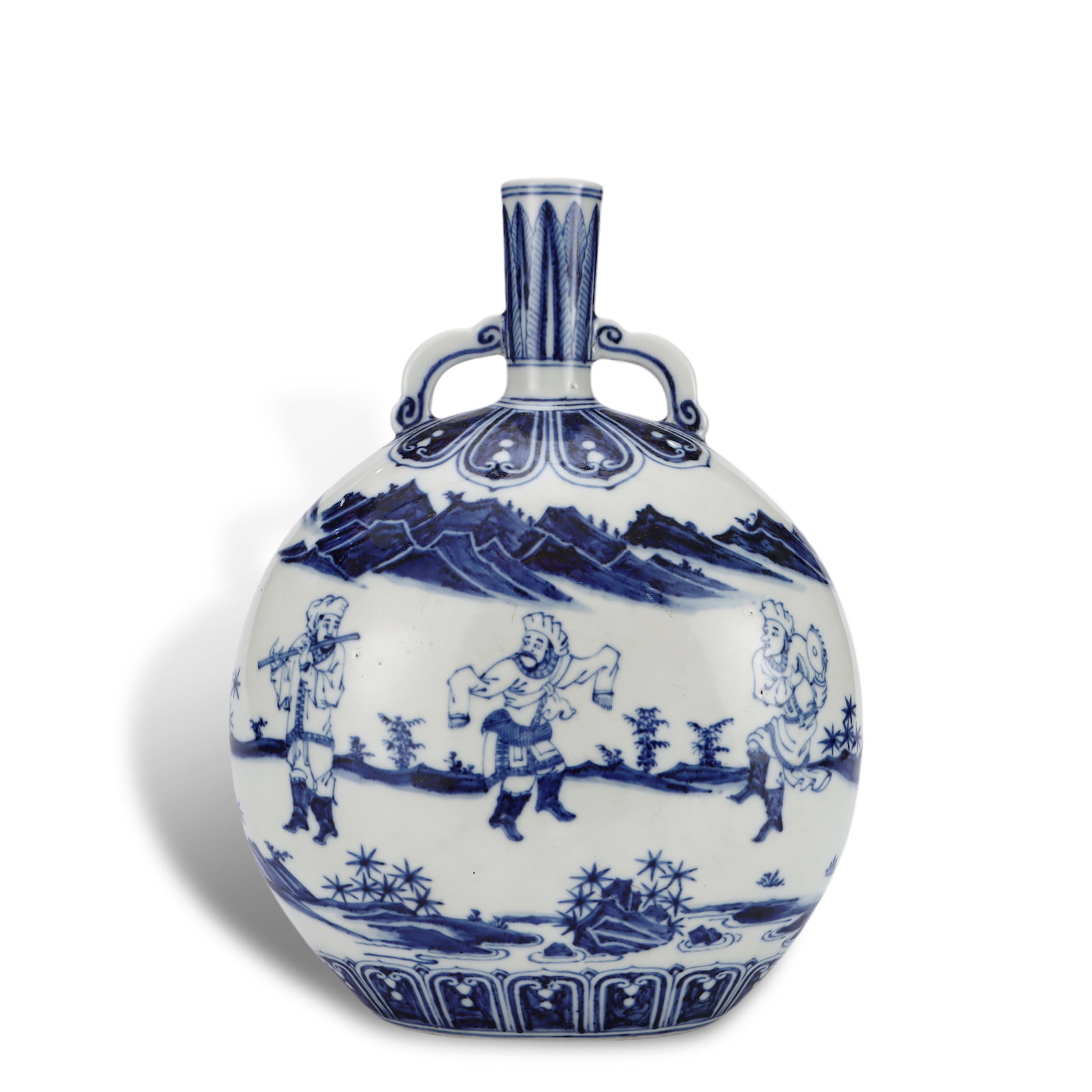 Ming Dynasty Yongle Period,Blue and White Flask with Foreign Dancers and Musicians: H:29.8cm W:22cm