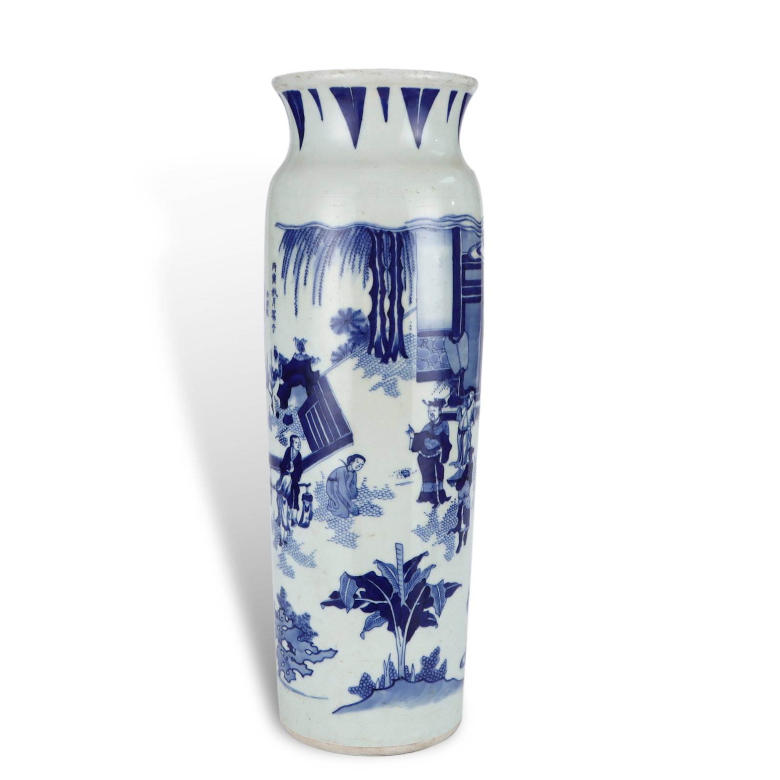 Ming Dynasty Chongzhen Period, Tall Cylindrical Vase with Narrative Figures in Underglaze Blue: H:48.5cm D:16.3cm