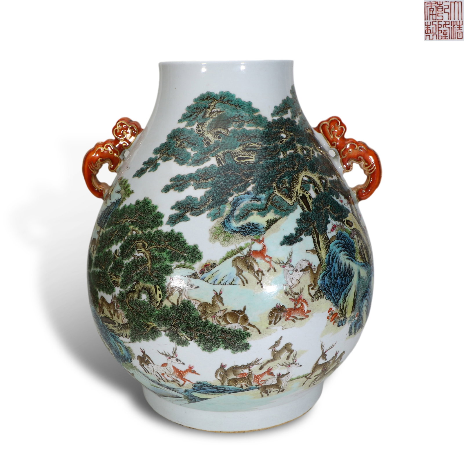 Qing Dynasty Qianlong Period,Famille Rose Zun with Hundred Deer Motifs: H:44cm D:37cm