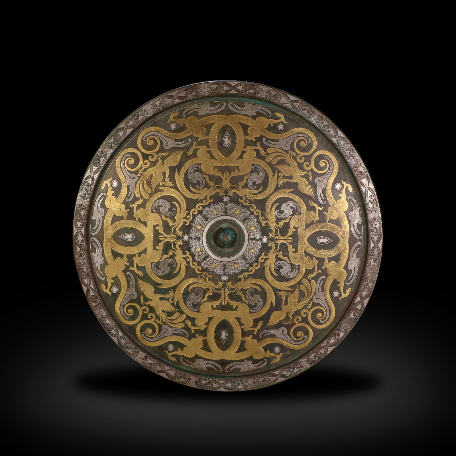 Warring States Period Bronze Mirror with Gold and Silver Inlaid Dragon and Phoenix: D:30cm
