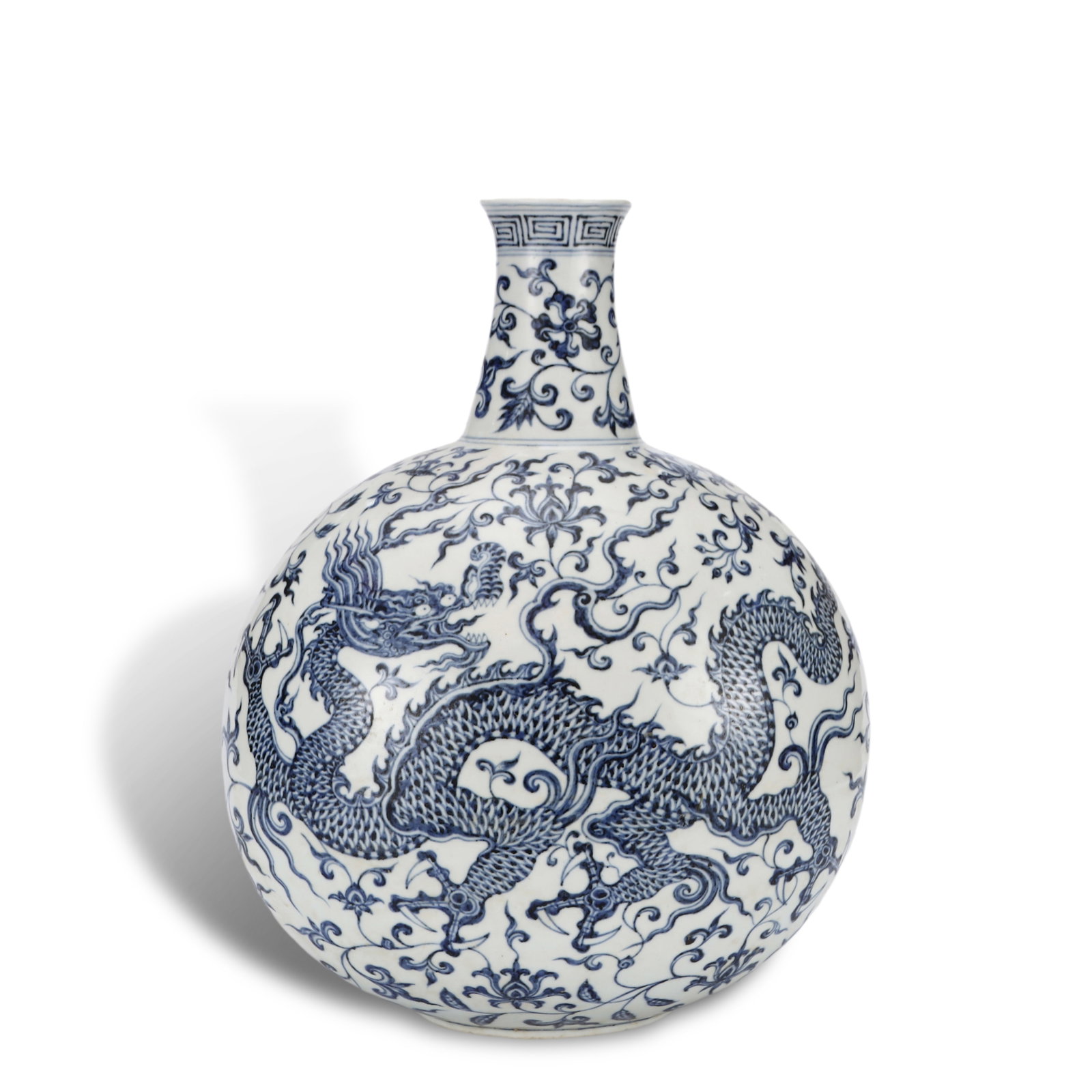 Ming Dynasty Xuande Period,Blue and White Flask with Dragon Amid Flowers: H:44cm D:34.5cm