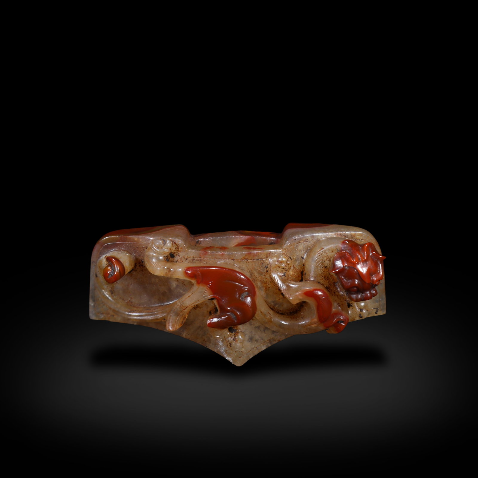 Warring States Period Red banded agate sword guard with taotie patterns: H:3cm W:6.7cm
