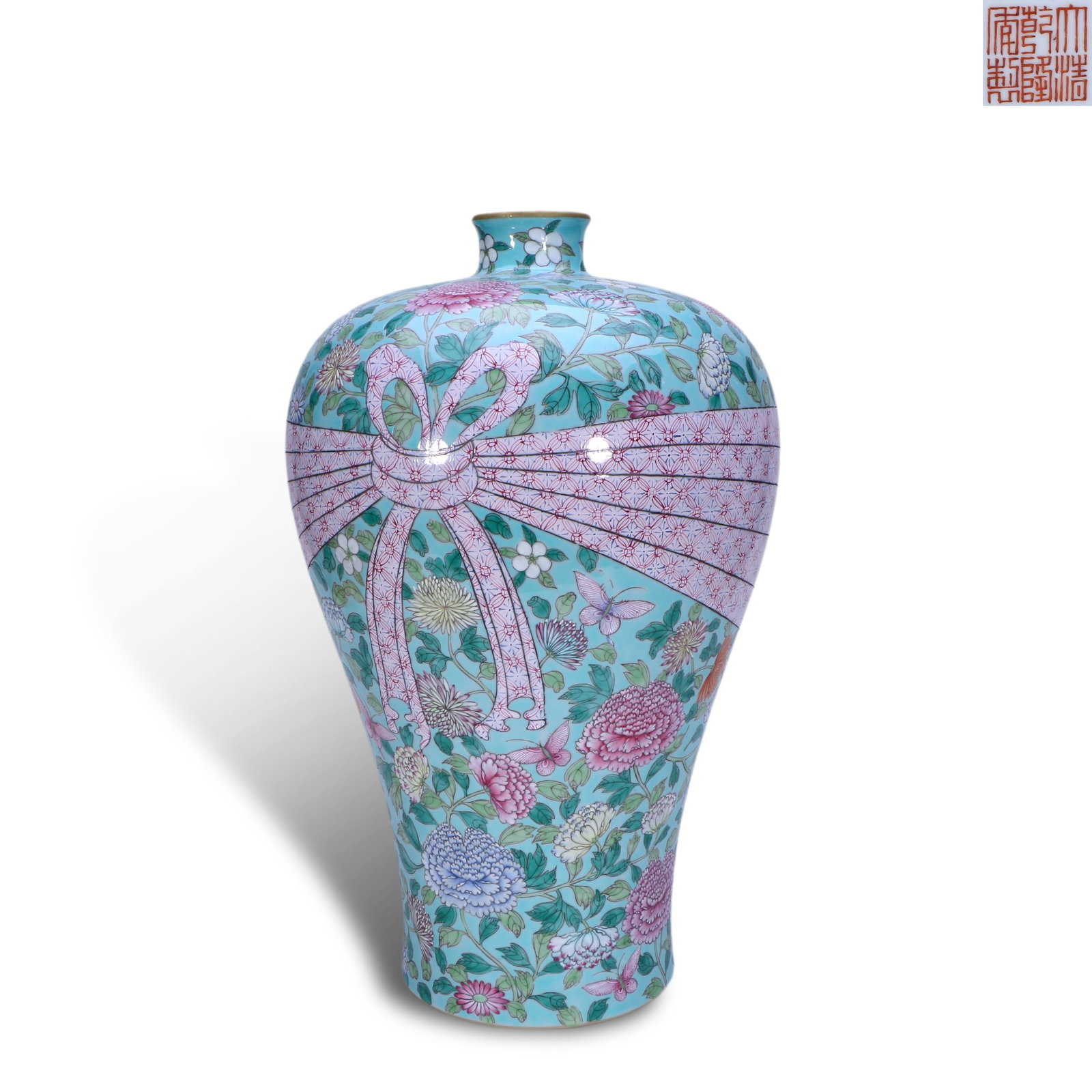Qing Dynasty Qianlong Period,Famille Rose Prunus Vase with Flower and Butterfly, Wrapped-Cloth Style: H:37.8cm D:22cm