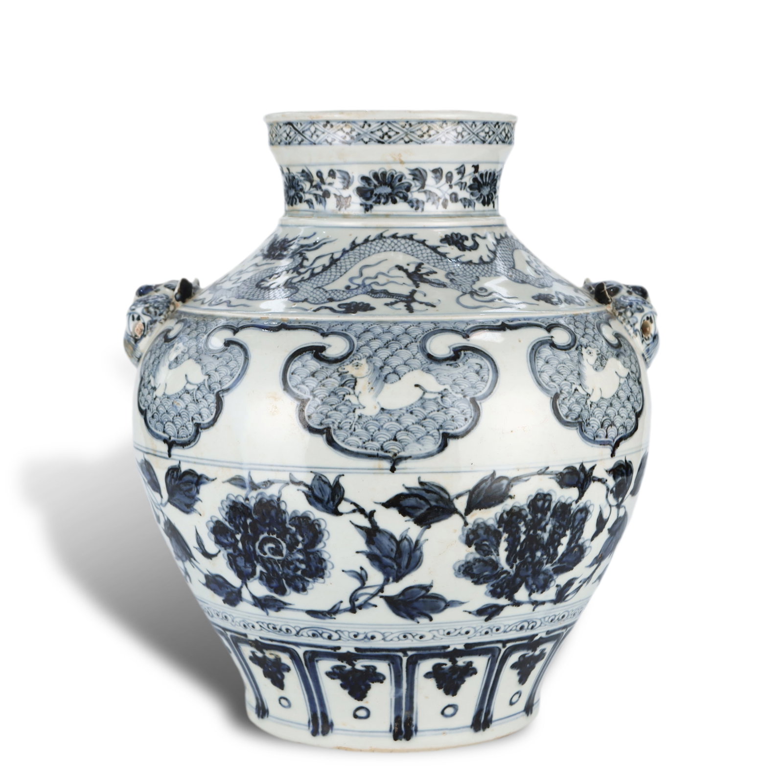 Yuan Dynasty Blue-and-white beast-ear jar with interlocking peony patterns: H:37.3cm W:33.5cm