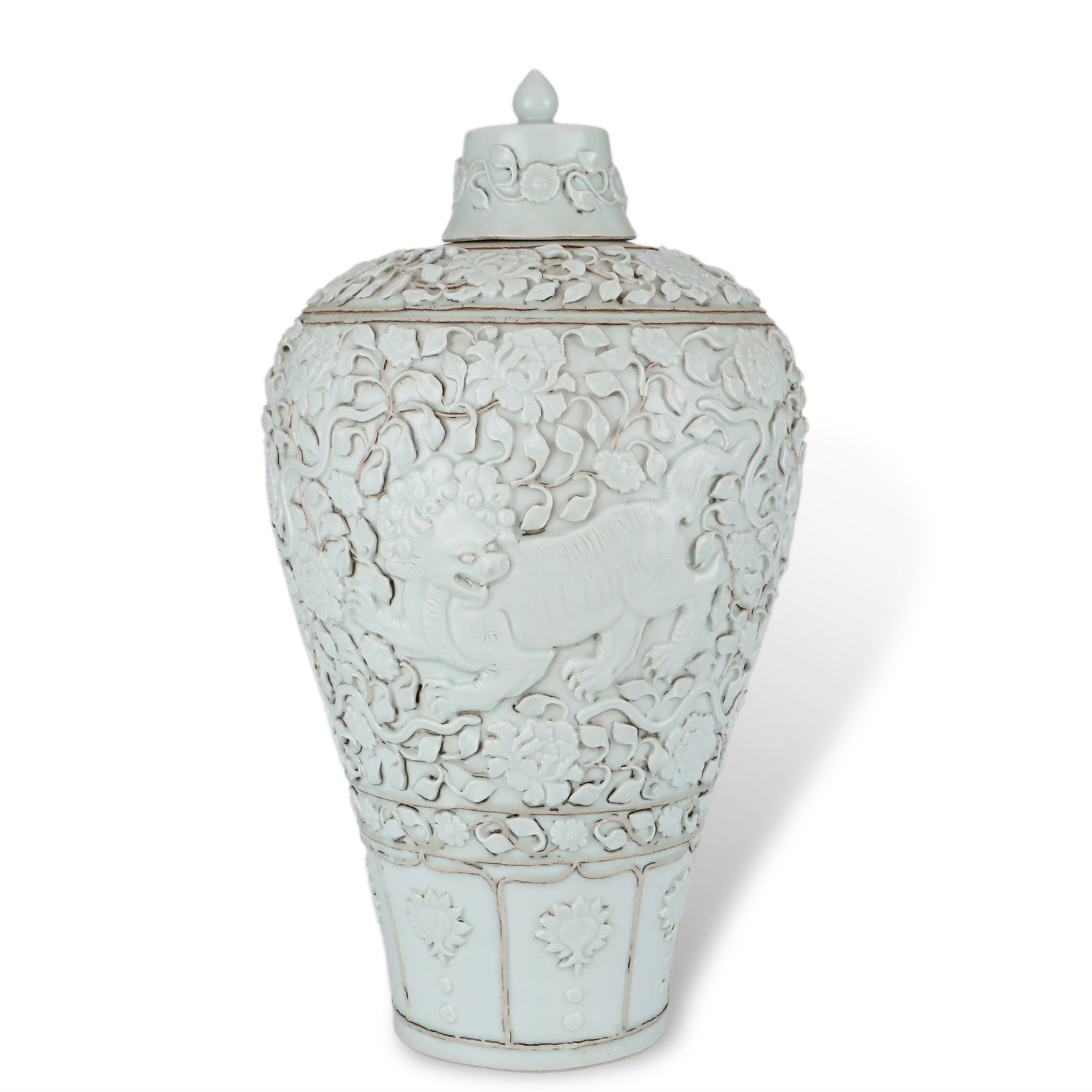 Yuan Dynasty Meiping Vase with Qilin Through Floral Scrolls, White Jade Glaze: H:47cm D:26.5cm