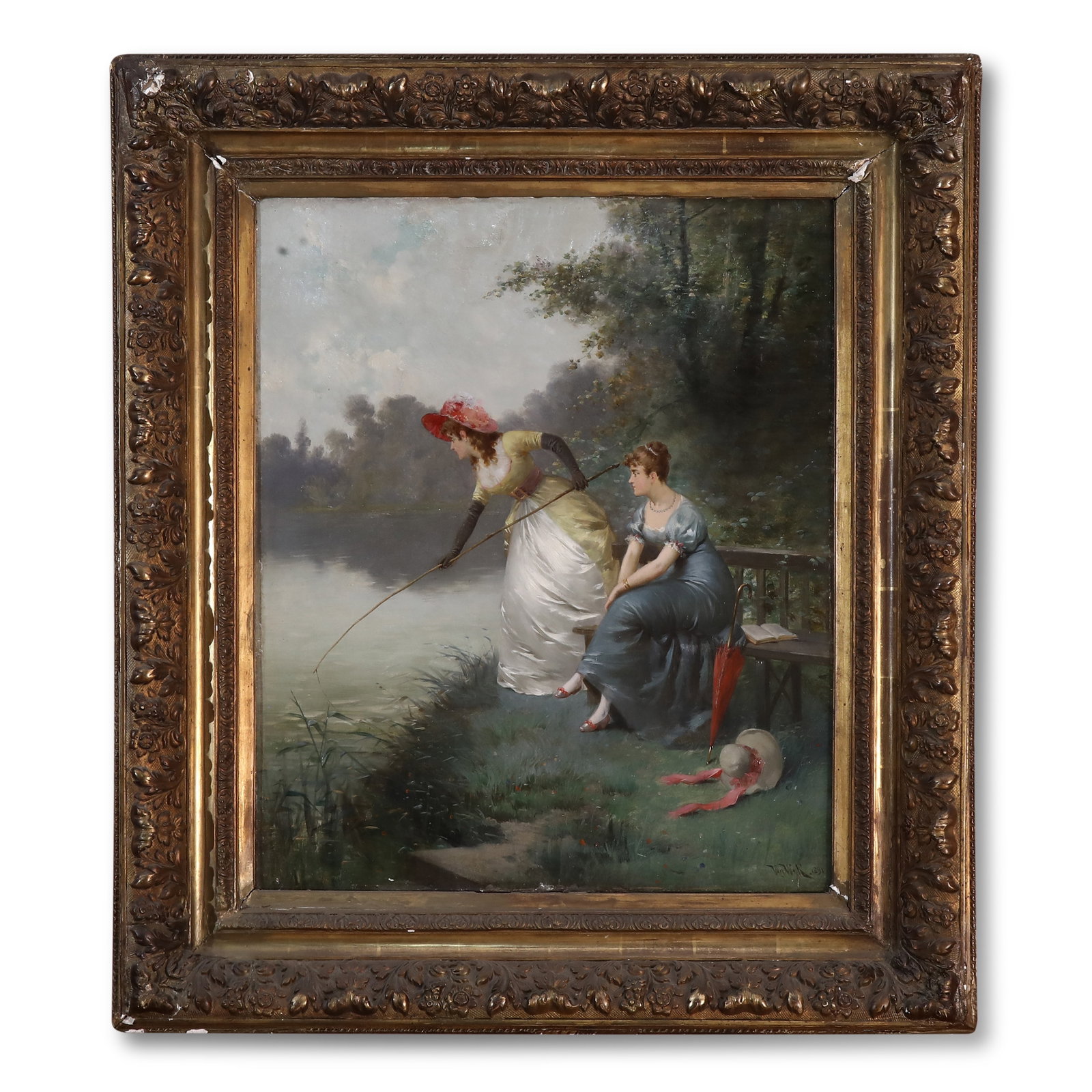 1891 OIL PAINTING OF AN OUTING BY HENRI VAN WYK (NETHERLANDS, 1833-?): Name 1891 Oil Painting of an Outing by Henri Van Wyk (Netherlands, 1833-?) Dimensions Category: Oil painting on canvas, with 19th-century antique carved giltwood frameFrame Style: Luxurious Louis XVI 