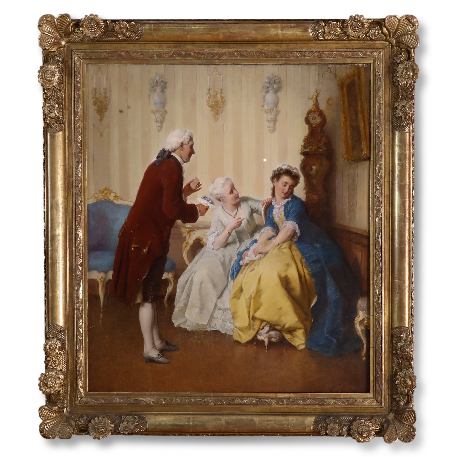 MID-19TH CENTURY OIL PAINTING OF NOBLE PROPOSAL SCENE BY EDWARD STRASSE (SWITZERLAND) (1 of 7)