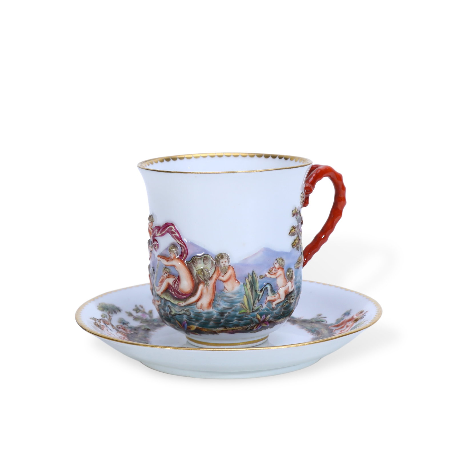 19TH CENTURY MEISSEN PORCELAIN CUP AND SAUCER WITH RELIEF MARINE MYTHOLOGY: Name 19th Century Meissen Porcelain Cup and Saucer with Relief Marine Mythology Dimensions The cup features three-dimensional high-relief molded figures paired with softly tinted flat landscape