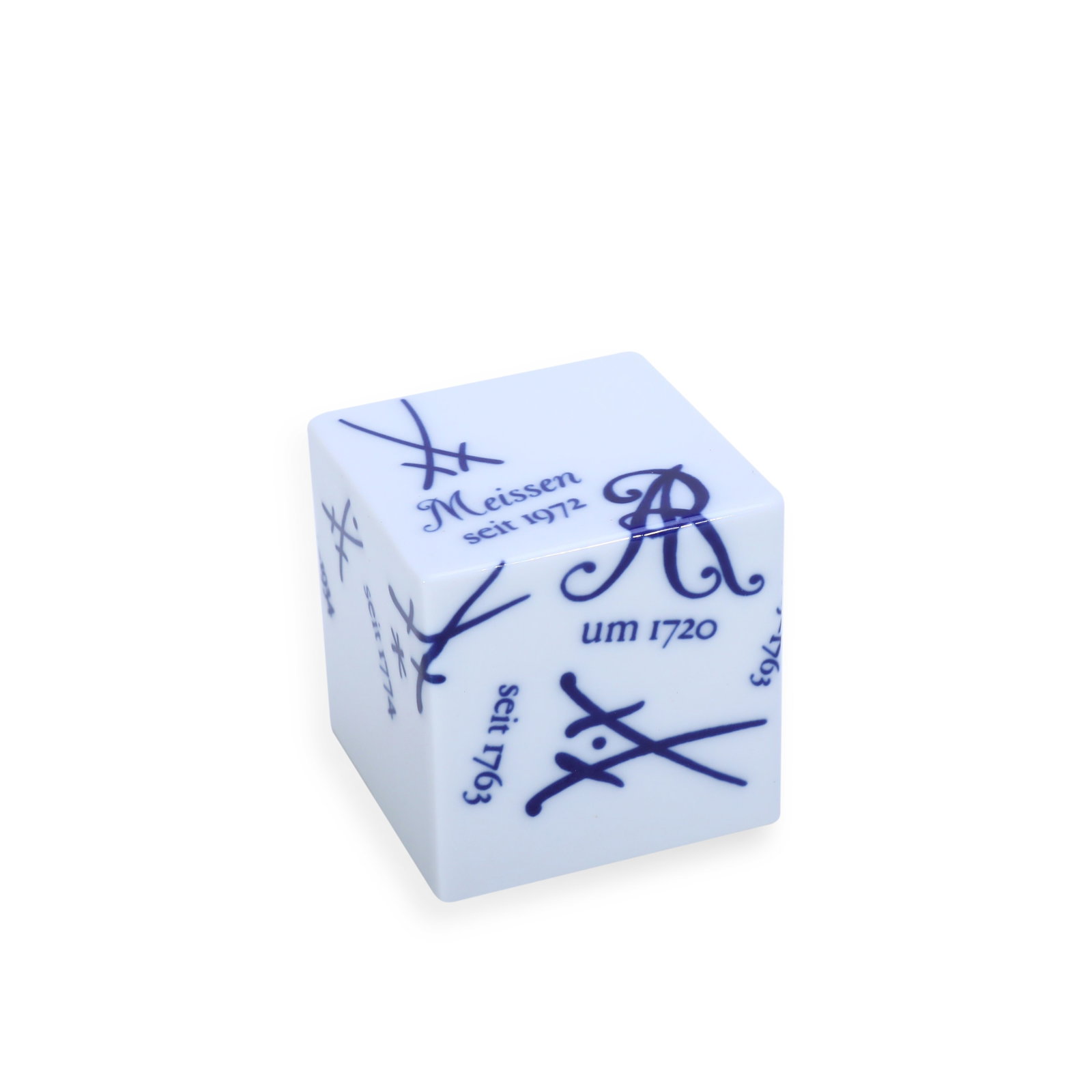 20TH CENTURY MEISSEN PORCELAIN CUBE MARKERS WITH SUCCESSIVE FACTORY MARKS: Name 20th Century Meissen Porcelain Cube Markers with Successive Factory Marks Dimensions Meissen Commemorative Porcelain Cube Paperweight, a collectible desk ornament. Multiple sides of the cube are