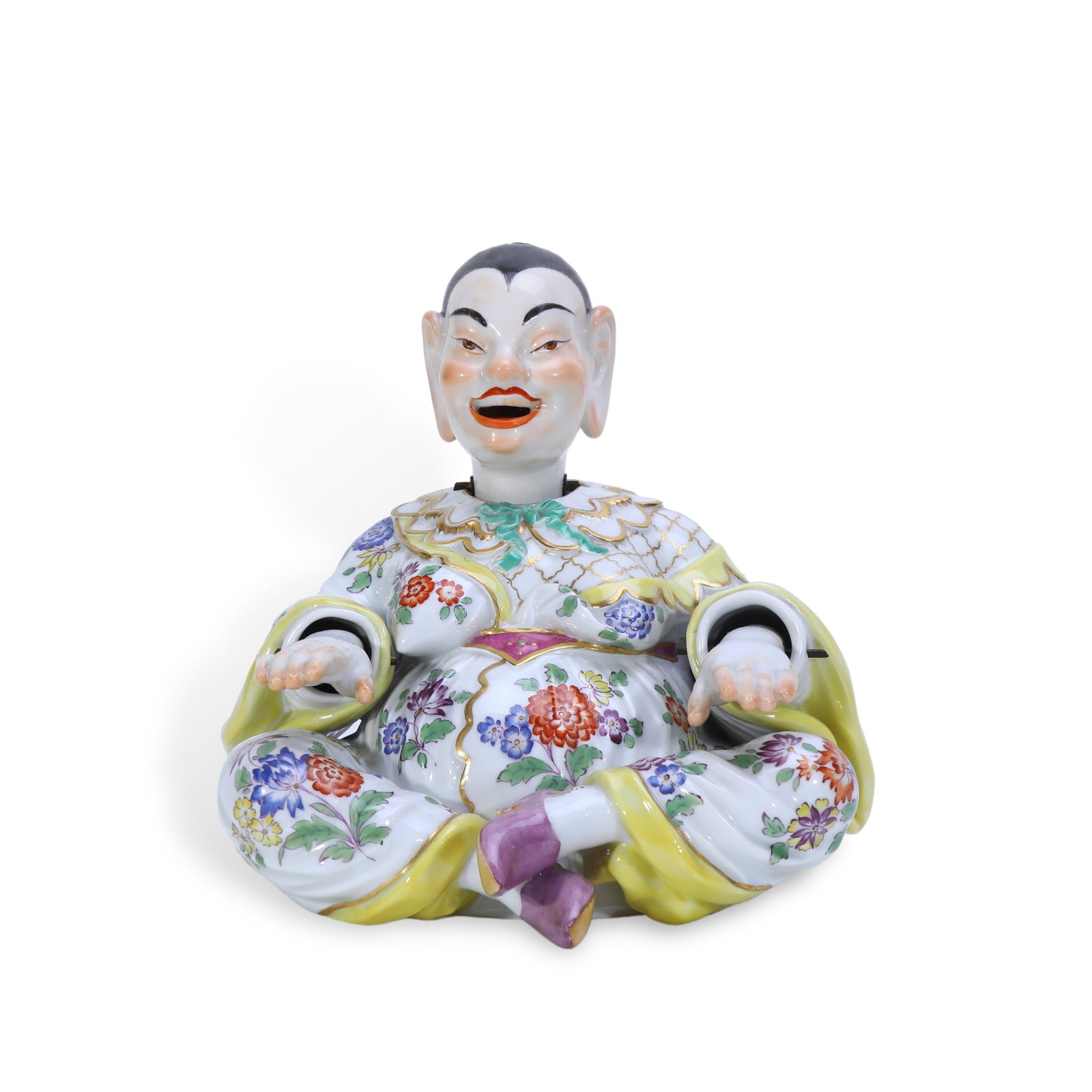 19TH CENTURY MEISSEN ARTICULATED CHINOISERIE PORCELAIN SEATED BUDDHA FIGURE: Name 19th Century Meissen Articulated Chinoiserie Porcelain Seated Buddha Figure Dimensions Its two arms are separate porcelain components linked to the torso by internal silk threads, allowing free