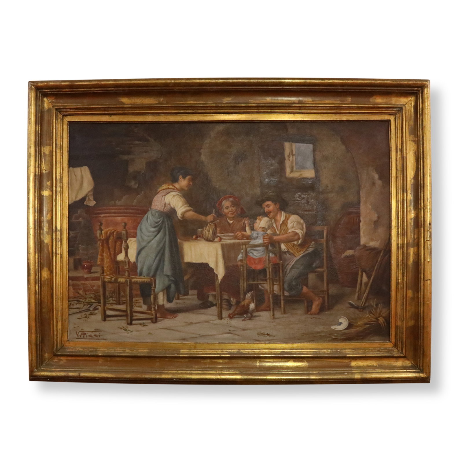 19TH CENTURY FIGURAL OIL PAINTING BY V. RICCI: Name 19th Century Figural Oil Painting by V. Ricci Dimensions The artist's signature ??V. Ricci?? appears in the lower-left corner.The painting depicts a warm domestic scene: ordinary country folk