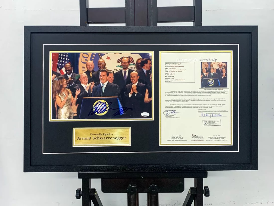 ARNOLD SCHWARZENEGGER, SIGNED GUBERNATORIAL CAMPAIGN PHOTOGRAPH, JSA AUTHENTICATED: Name Arnold Schwarzenegger, Signed Gubernatorial Campaign Photograph, JSA Authenticated Dimensions