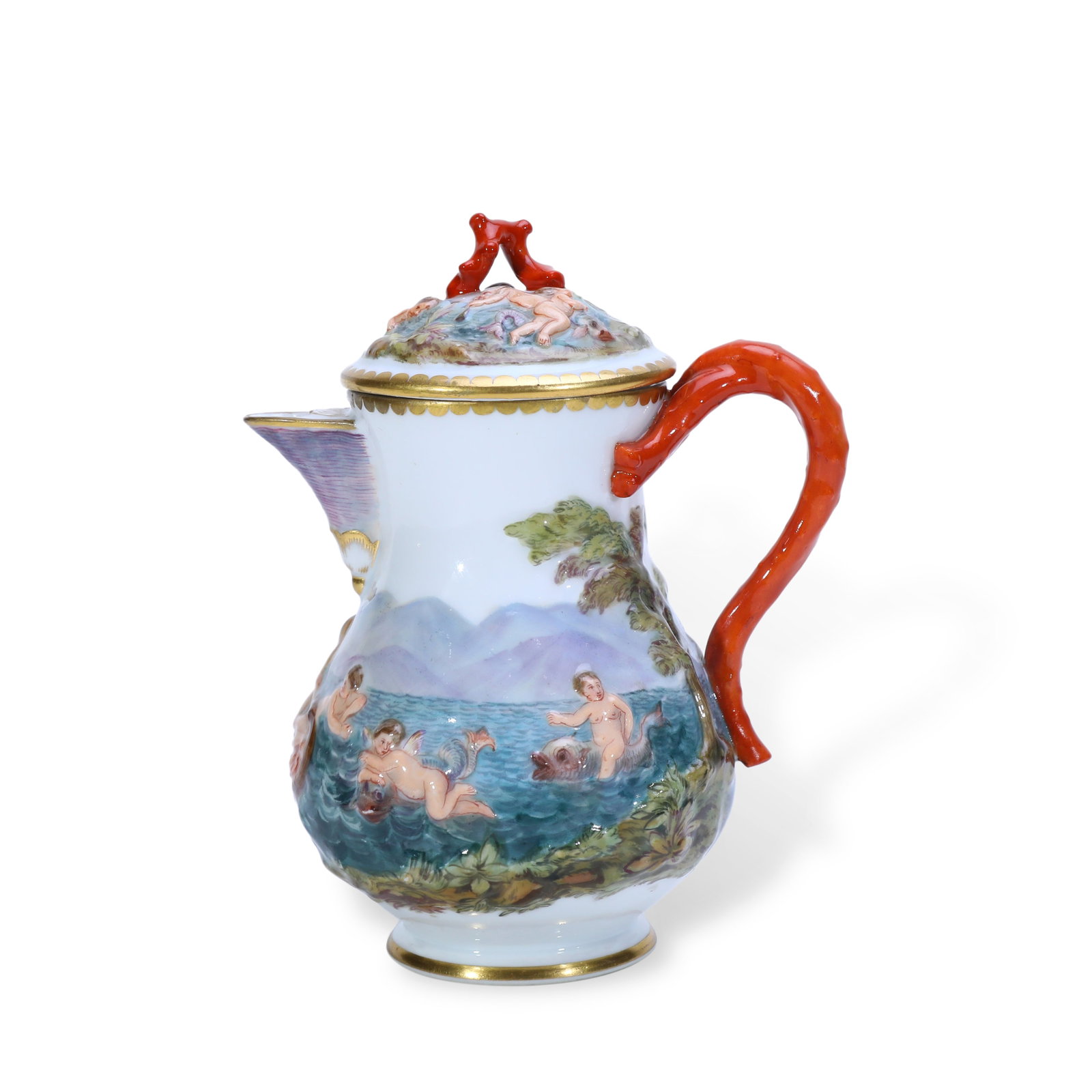 19TH CENTURY MEISSEN EWER WITH COVER, RELIEF MARINE MYTHOLOGY DECORATION: Name 19th Century Meissen Ewer with Cover, Relief Marine Mythology Decoration Dimensions The pot body is decorated with molded high-relief sculptures integrated seamlessly with the vessel. Flat hand-p