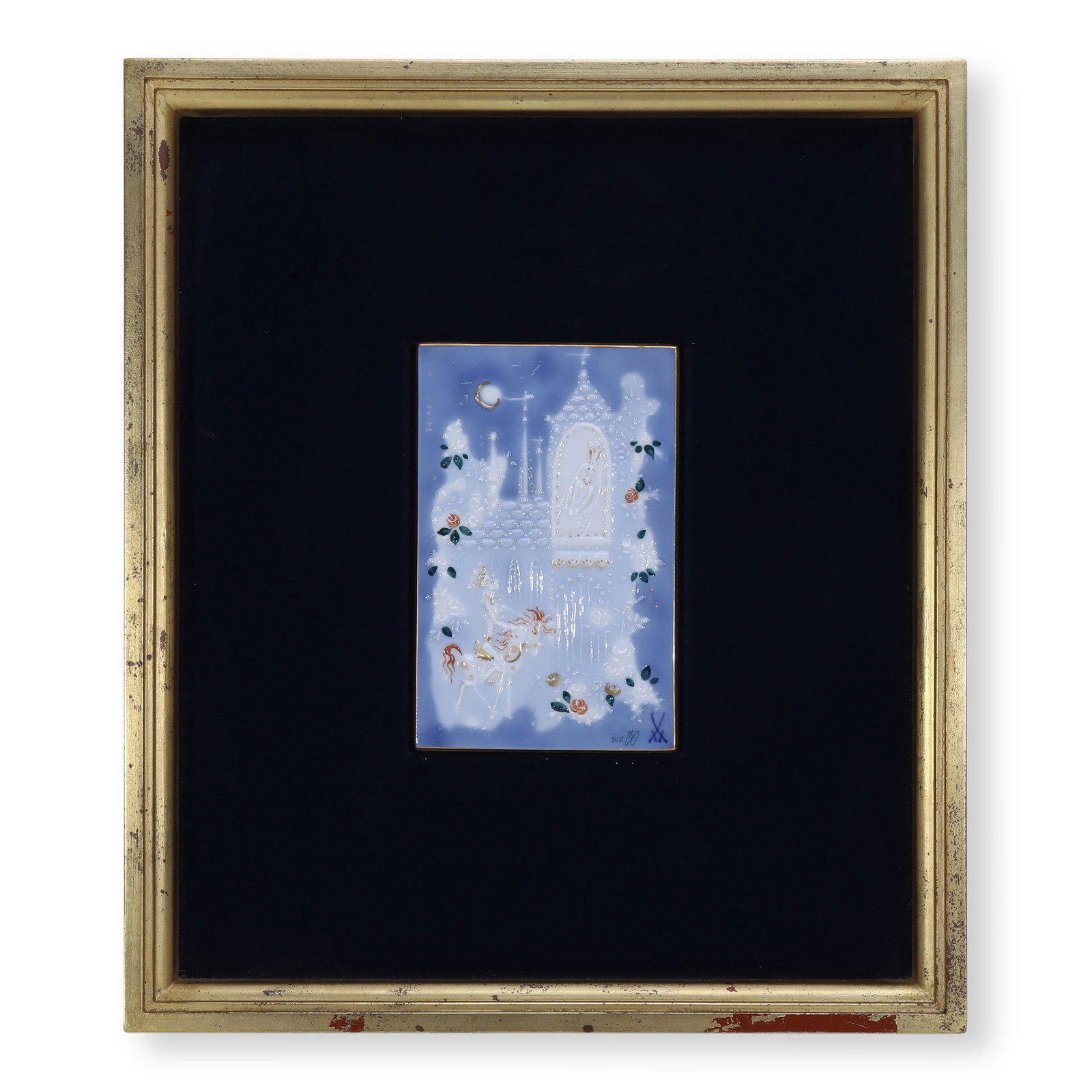 20TH CENTURY MEISSEN PORCELAIN PLAQUE DEPICTING UNICORN AND FAIRY TALE CASTLE: Name 20th Century Meissen Porcelain Plaque Depicting Unicorn and Fairy Tale Castle Dimensions It features a sapphire-blue glazed ground adorned with three-dimensional relief decorations depicting a Go