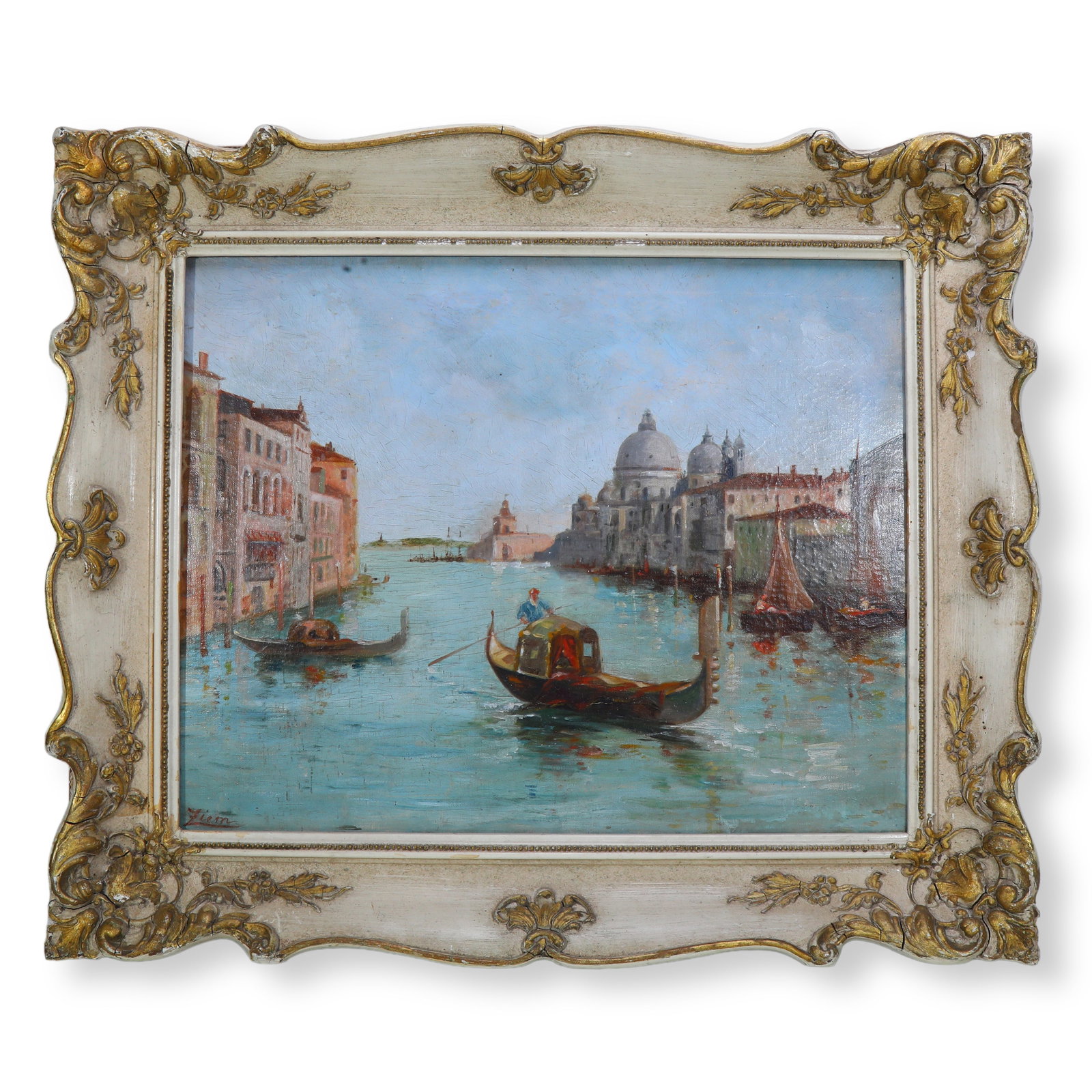 19TH CENTURY OIL PAINTING GRAND CANAL OF VENICE WITH SANTA MARIA DELLA SALUTE BY F?LIX ZIEM: Name 19th Century Oil Painting Grand Canal of Venice with Santa Maria della Salute by F??lix Ziem (1821-1911) Dimensions Oil on canvas titled View of the Grand Canal in Venice, signed ??Ziem??. It dep