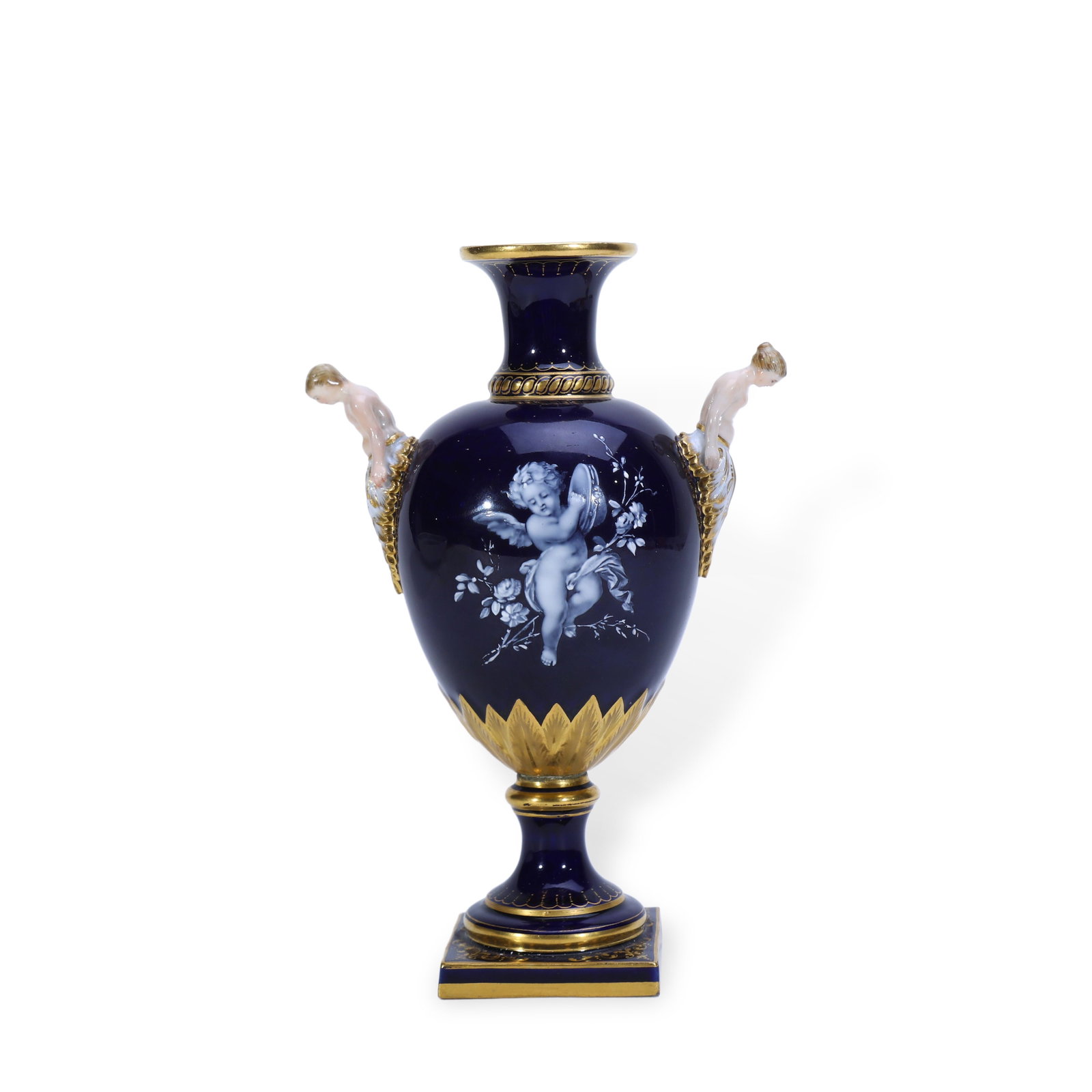 19TH CENTURY MEISSEN TWO-HANDLED VASE, COBALT BLEU ROYAL GROUND WITH WHITE PAINTED ANGELS: Name 19th Century Meissen Two-Handled Vase, Cobalt Bleu Royal Ground with White Painted Angels Dimensions Cobalt royal blue glazed ground (Cobalt Bleu Royal), a prestigious classic colored glaze of Eu