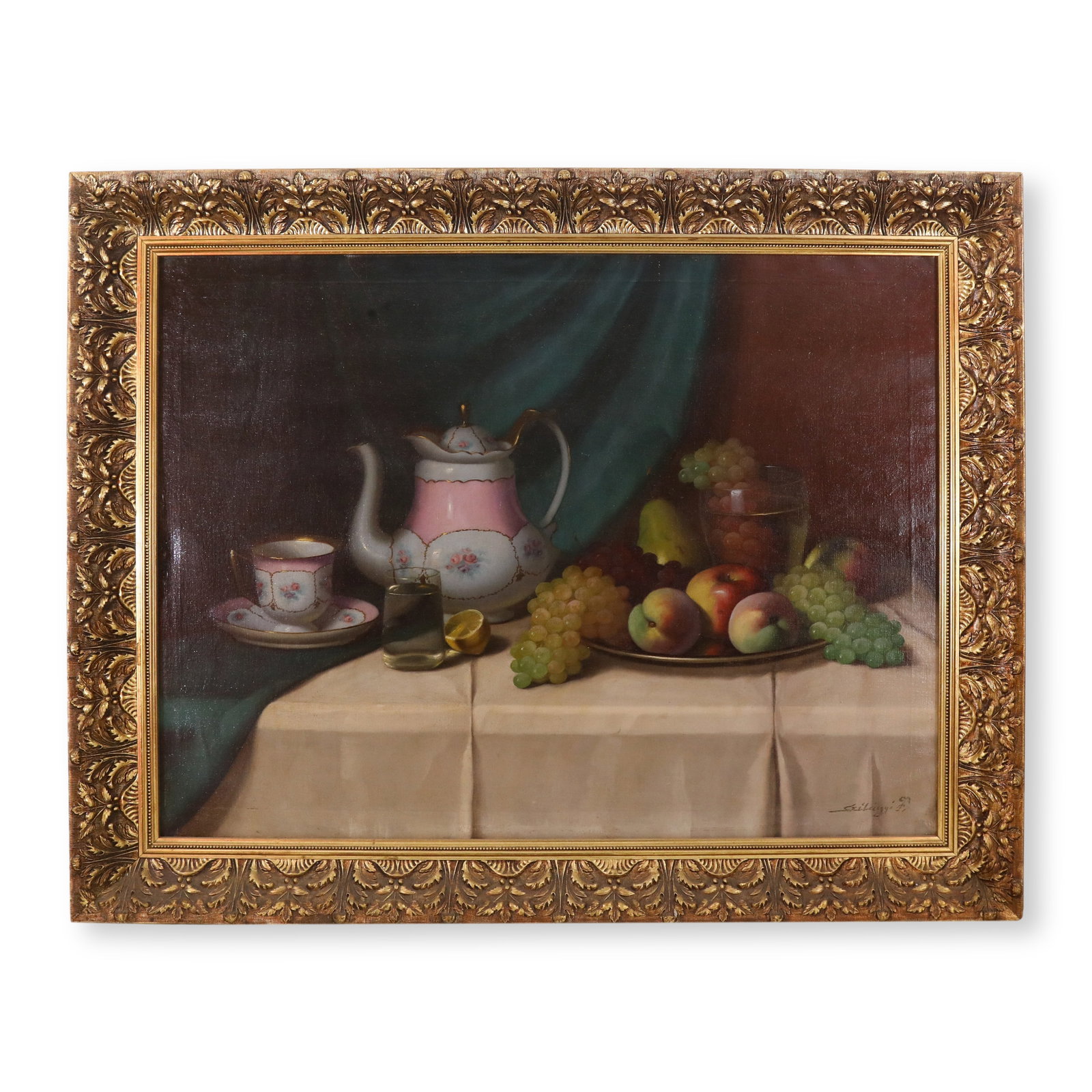 20TH CENTURY STILL LIFE OIL PAINTING OF FRUIT AND TEA SET BY CSILL?GYI FERENC (1 of 7)