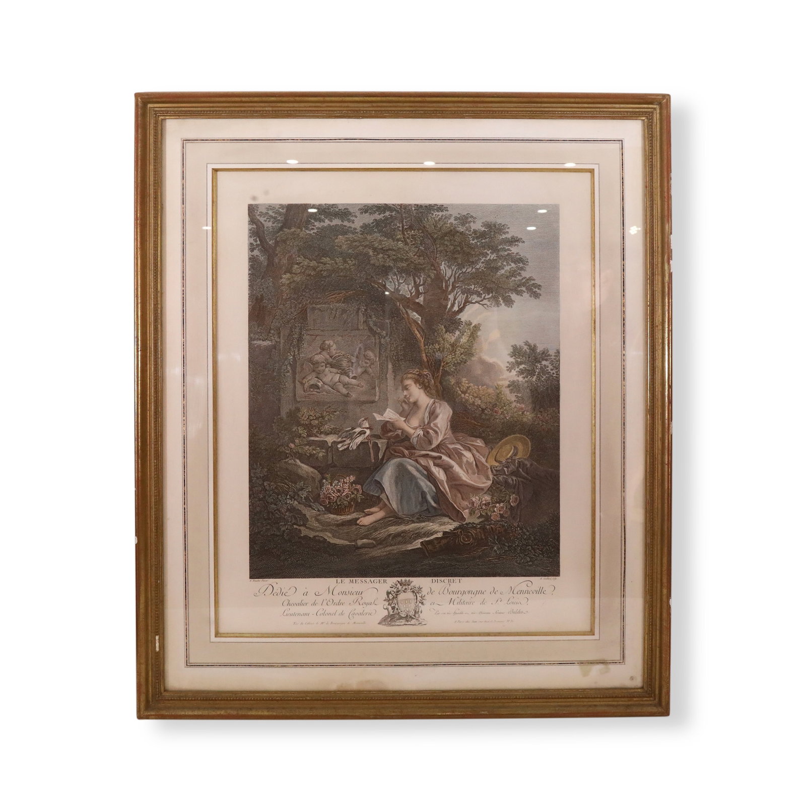 18TH CENTURY FRENCH HAND-COLORED ENGRAVING, LE MESSAGER DISCRET (THE SECRET MESSENGER) (1 of 9)