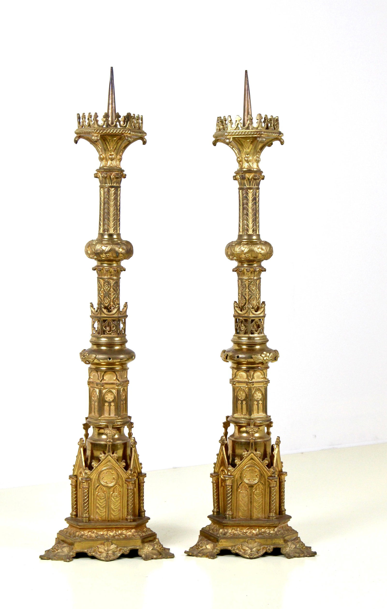 19TH CENTURY PAIR OF FRENCH GILT BRONZE GOTHIC REVIVAL CHURCH CANDLESTICKS (1 of 14)