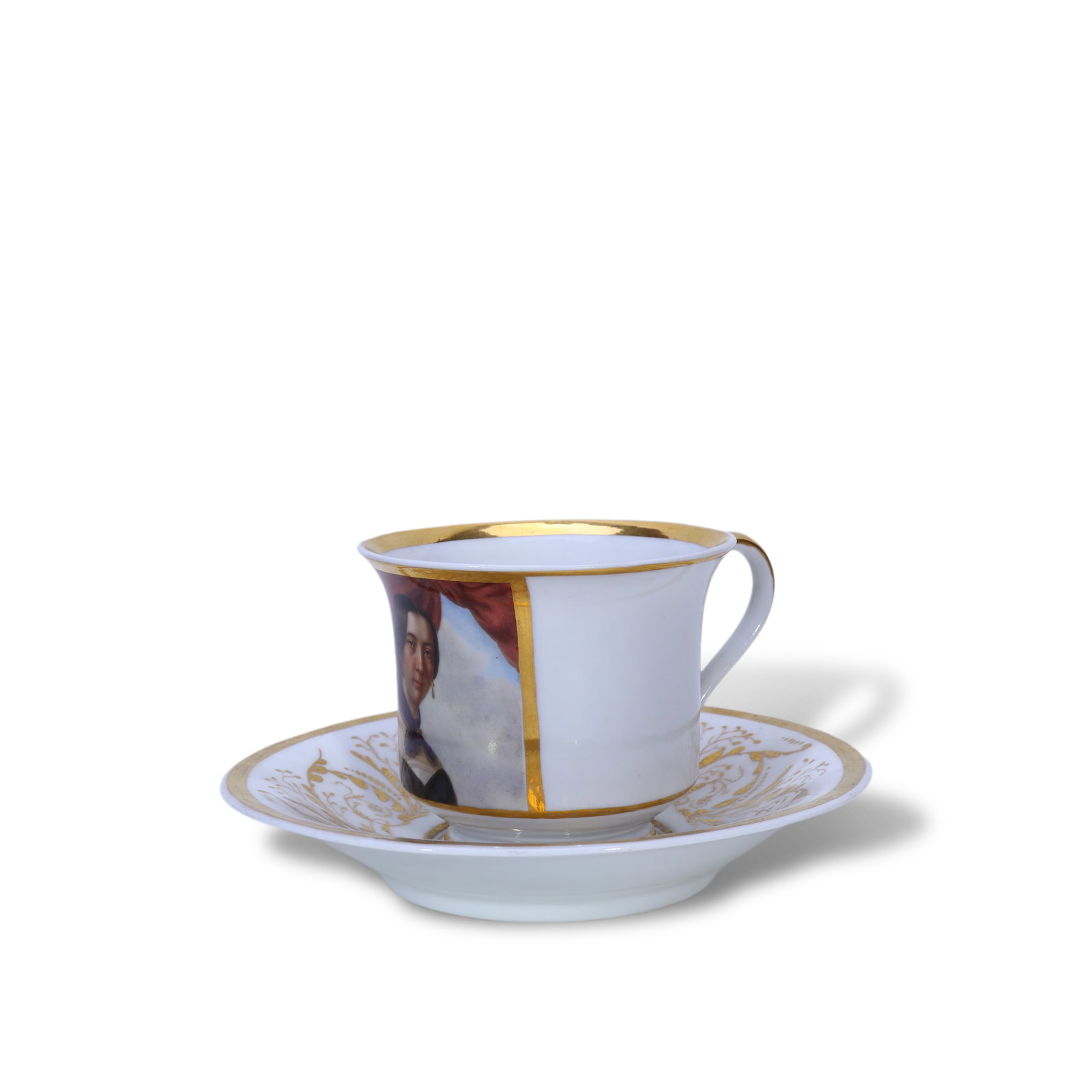 EARLY 20TH CENTURY, KPM BERLIN ROYAL PORCELAIN FACTORY HAND-PAINTED COFFEE CUP WITH PRUSSIAN NOBLE: Name Early 20th Century, KPM Berlin Royal Porcelain Factory Hand-Painted Coffee Cup with Prussian Noble Lady Portrait Dimensions Period: 1844-1847Style: Neoclassical StyleMaterial: Porcelain, Gilt Gol