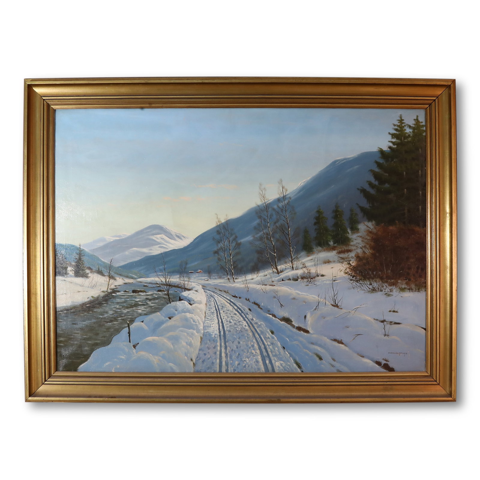 1940S-1950S, OIL PAINTING BY WILLY DANNERFJORD (DENMARK), SNOW SCENE: Name 1940s-1950s, Oil Painting by Willy Dannerfjord (Denmark), Snow Scene Dimensions Category: Oil painting on canvas with antique giltwood frameFrame Style: Neoclassical StyleArtist: Danish Painter W