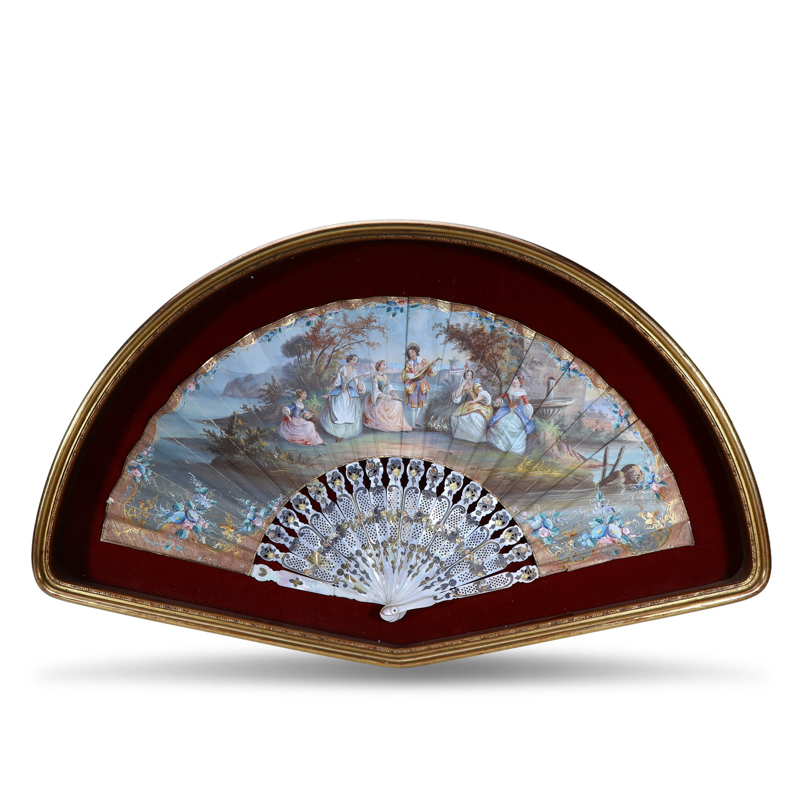 19TH CENTURY MOTHER-OF-PEARL AND BONE INLAID PAINTED FIGURAL FAN (1 of 4)