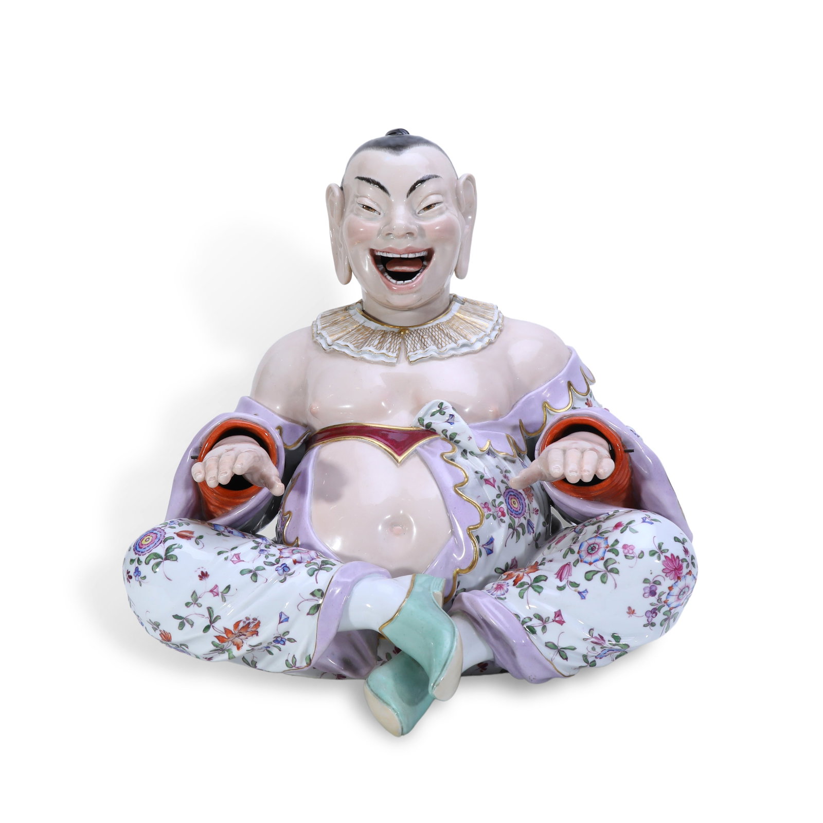 19TH CENTURY MEISSEN ARTICULATED CHINOISERIE PORCELAIN SEATED BUDDHA FIGURE: Name 19th Century Meissen Articulated Chinoiserie Porcelain Seated Buddha Figure Dimensions The torso and arms are freely movable, and the head can also rock back and forth (a nodding figure). This is