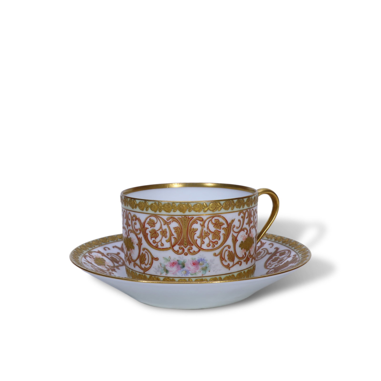 EARLY 20TH CENTURY FRENCH SEVRES LOUIS XVI STYLE PORCELAIN CUP AND SAUCER: Name Early 20th Century French SEvres Louis XVI Style Porcelain Cup and Saucer Dimensions Period: Early 20th CenturyStyle: Louis XVI StyleMaterial: Porcelain, Gilt GoldOrigin: Manufacture Nationale de