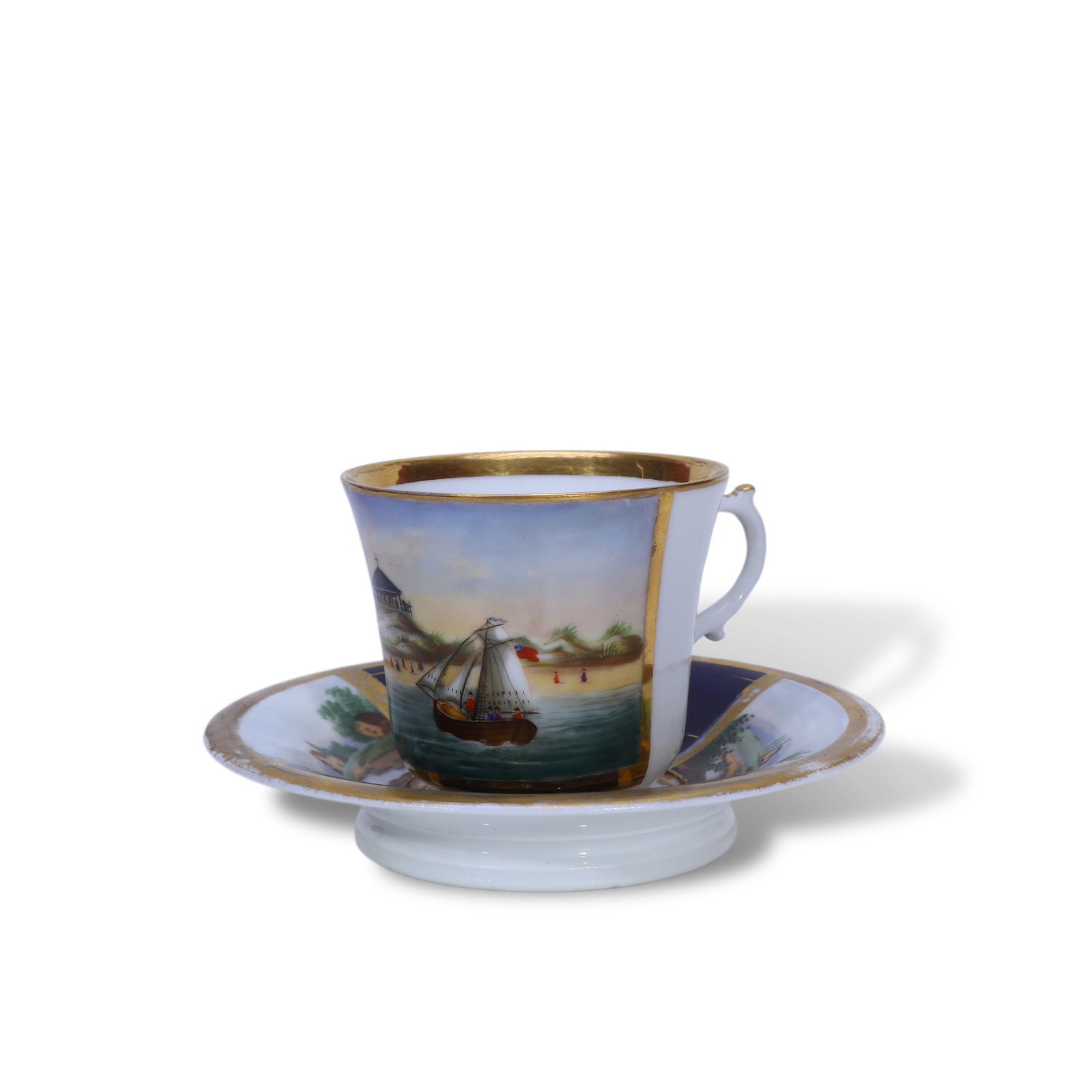LATE 19TH CENTURY GERMAN BIEDERMEIER GILT HAND-PAINTED COFFEE CUP WITH VIEW OF NORDERNEY HARBOR, (1 of 5)