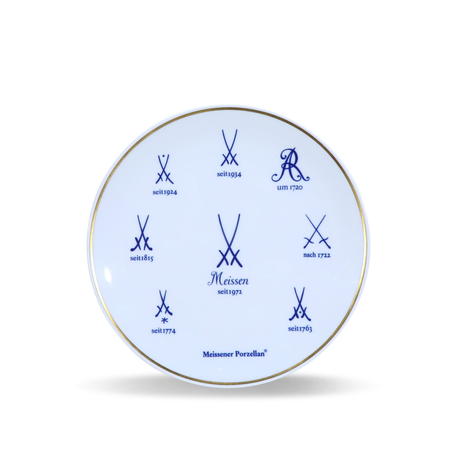 20TH CENTURY COMMEMORATIVE MEISSEN DECORATIVE PLATE DEPICTING EVOLUTION OF FACTORY MARKS: Name 20th Century Commemorative Meissen Decorative Plate Depicting Evolution of Factory Marks Dimensions Meissen commemorative educational display plate featuring all generations of its crossed swords