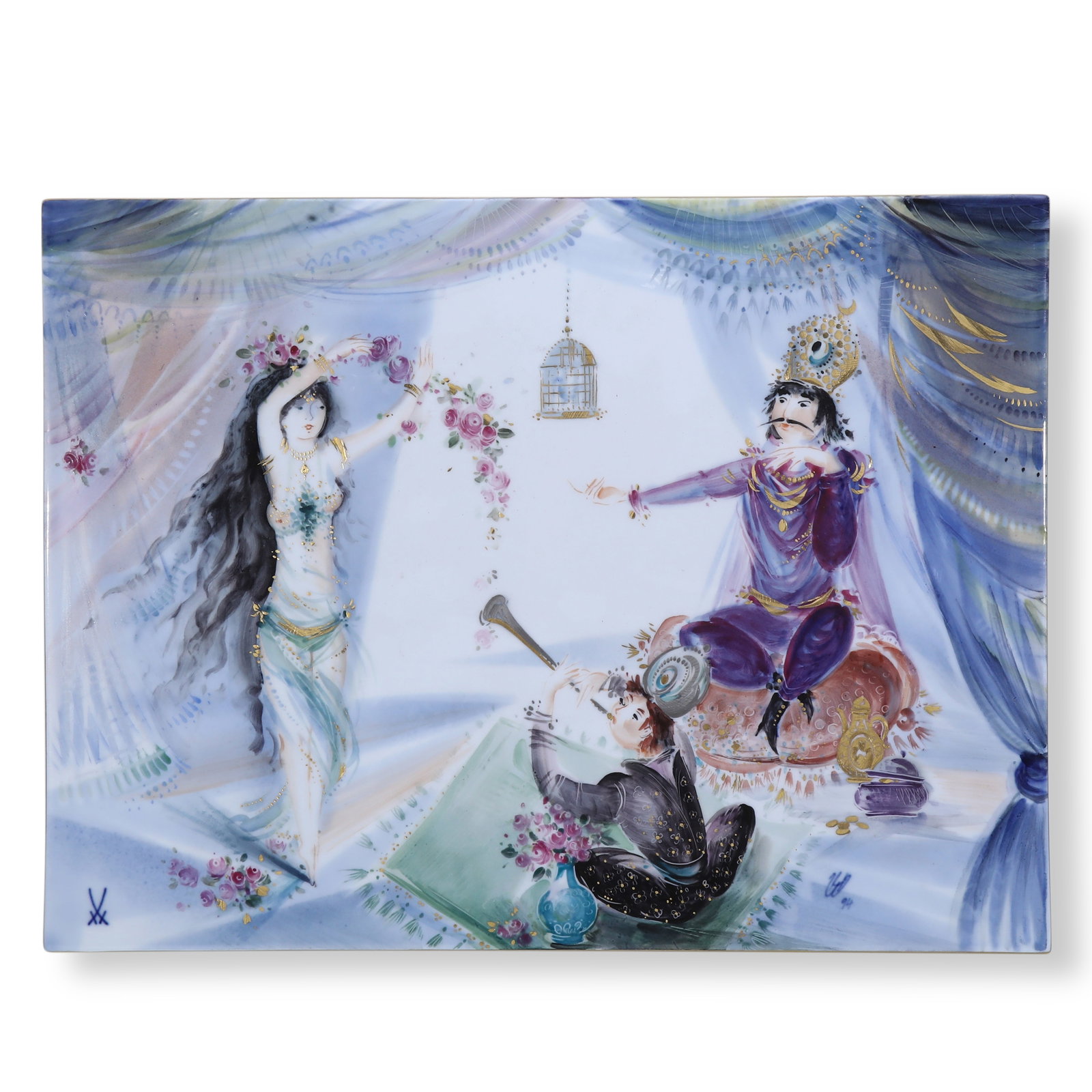 20TH CENTURY HAND-PAINTED MEISSEN PORCELAIN PLAQUE, ONE THOUSAND AND ONE NIGHTS THEME: Name 20th Century Hand-Painted Meissen Porcelain Plaque, One Thousand and One Nights Theme Dimensions A crowned Persian monarch sits regally on a couch to the right; on the left, a dancing maiden twir
