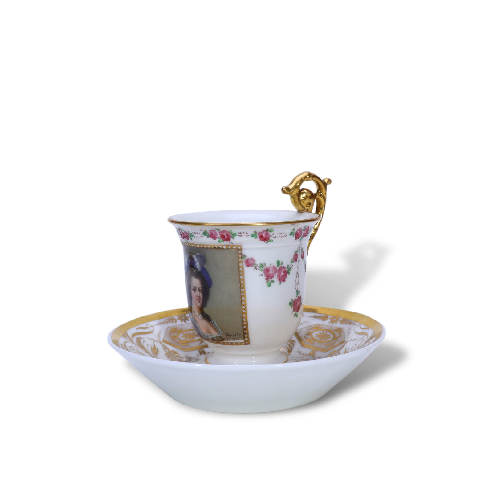 EARLY 20TH CENTURY FRENCH MR PORCELAIN COFFEE CUP WITH MARIE ANTOINETTE PORTRAIT: Name Early 20th Century French MR Porcelain Coffee Cup with Marie Antoinette Portrait Dimensions Period: Early 20th CenturyStyle: Neoclassical StyleMaterial: Porcelain, Gilt GoldOrigin: MR Porcelain F
