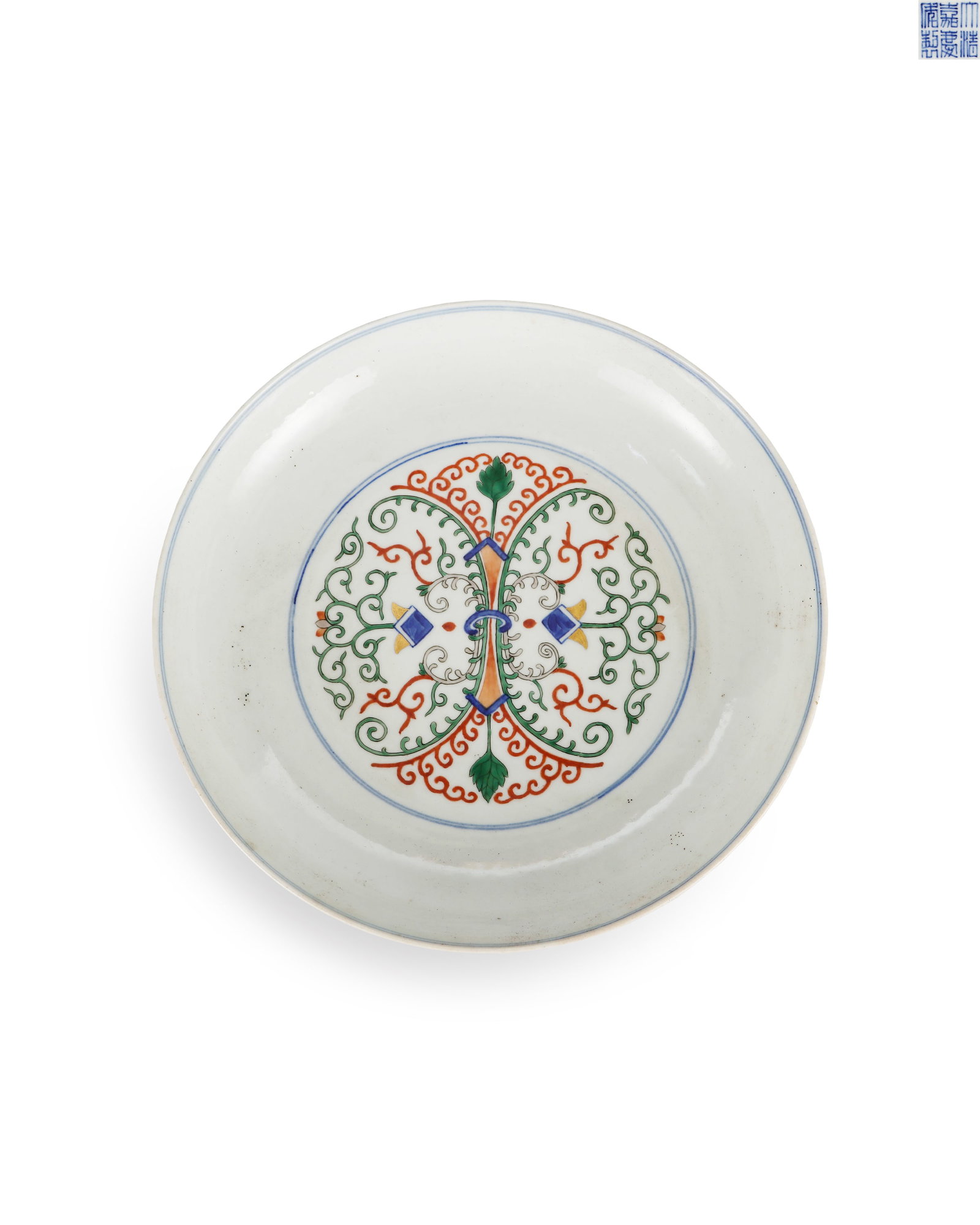A LARGE PLATE OF THE JIAQING PERIOD OF THE QING DYNASTY WITH THE PATTERN OF EIGHT TREASURES OF THE: H:4cm W:21.2cm Six-character seal script blue mark "Made in the Jiaqing Reign of the Great Qing" is inscribed on the base.The eight treasures symbolize auspiciousness and eight blessings. Rich layered