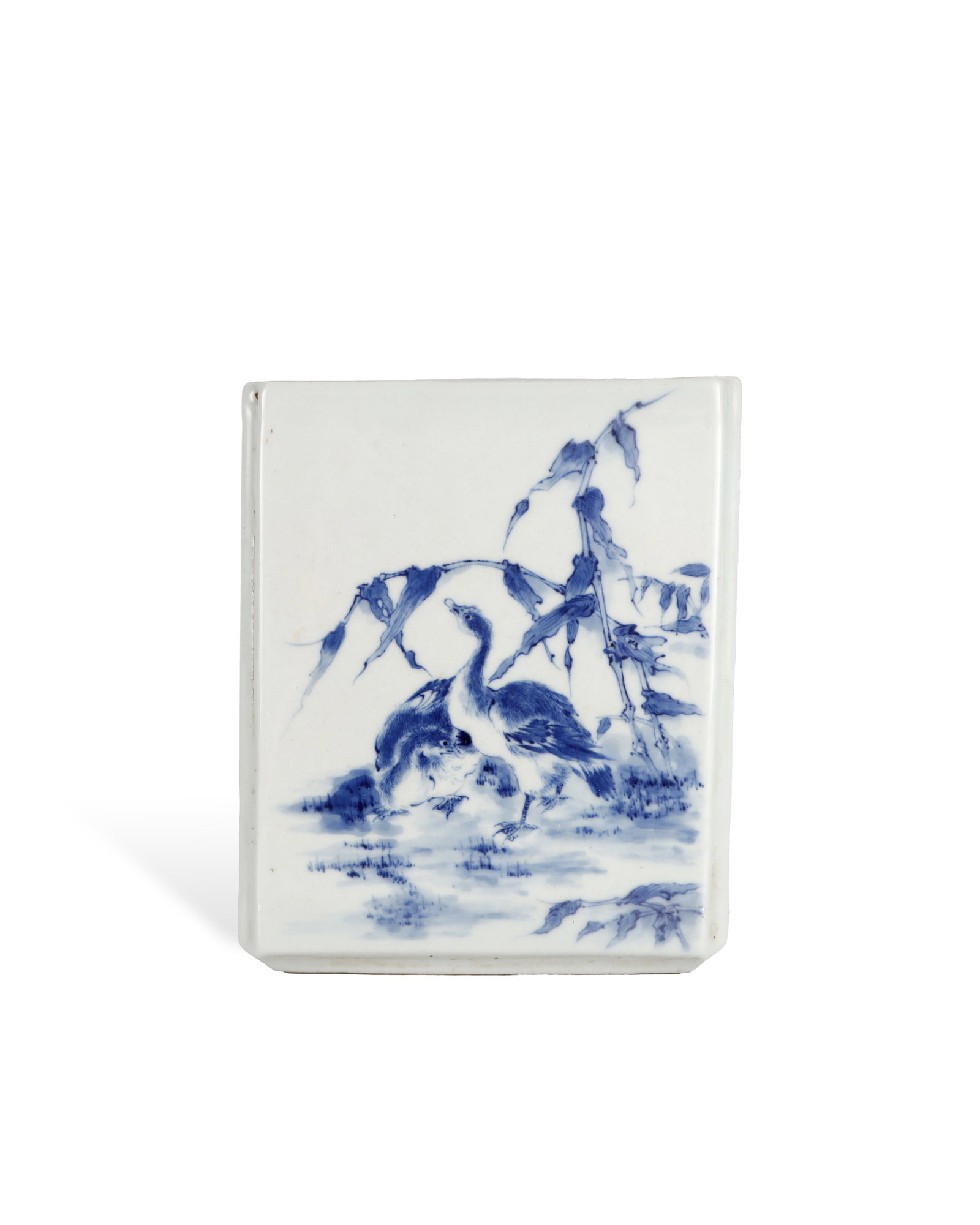 A SQUARE PEN HOLDER WITH BLUE AND WHITE REED AND WILD GOOSE PATTERNS FROM THE QING DYNASTY: H:13cm W:10.2cm A Qing-dynasty blue-and-white square brush pot for scholar??s desk. It has glossy white glaze, and the exterior is painted with an autumn scene of reeds and wild geese in layered shadi