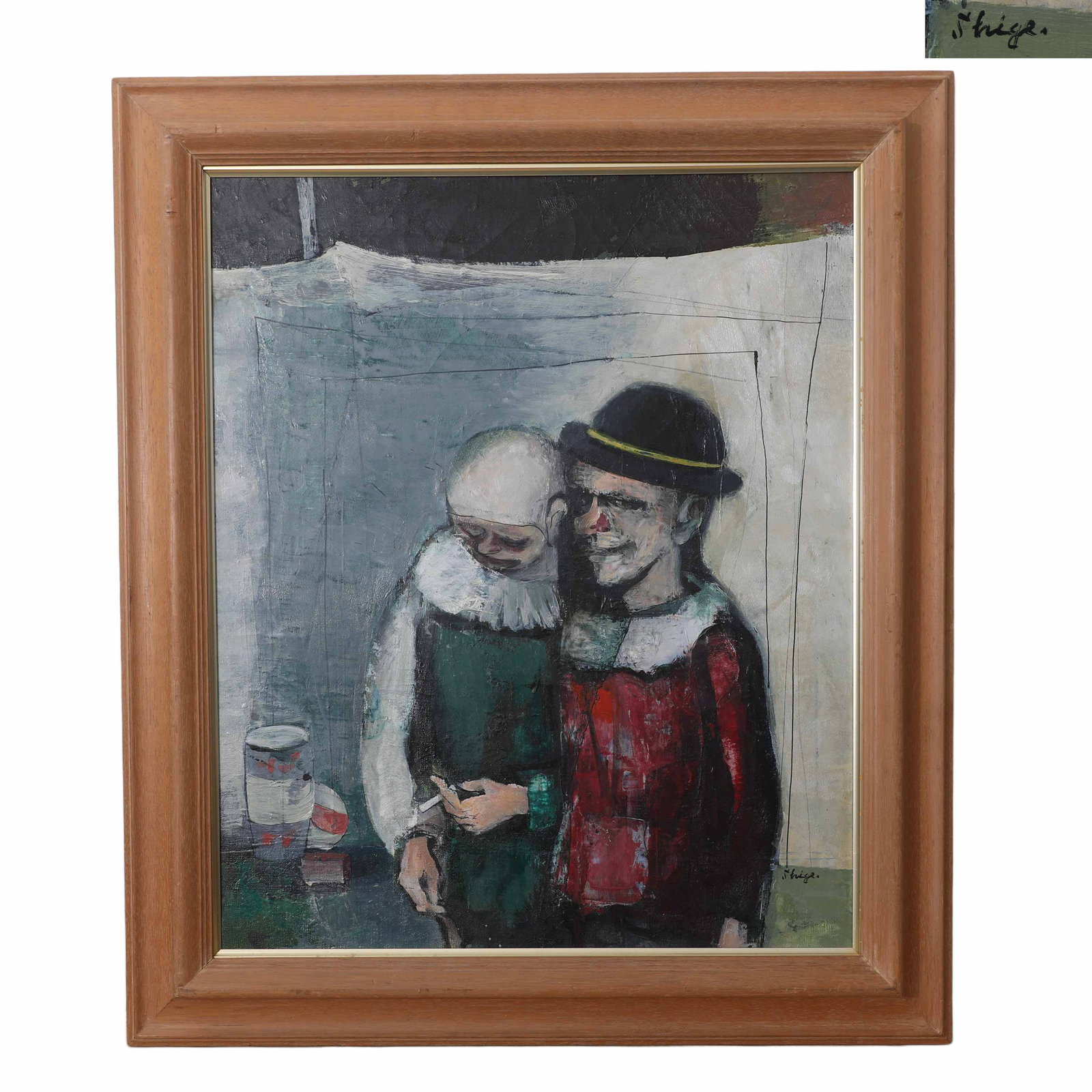 "TWO CLOWNS", UNKNOWN, OIL ON CANVAS, ORIGINAL PERIOD FRAME: Haunting painting of disturbing looking clowns, one with a cigarette. Artist unknown. Oil on canvas. Dimensions: Unframed 60cm x 49cm (23.62" x 19.29"); framed 77cm x 65cm (30.31" x 25.59")