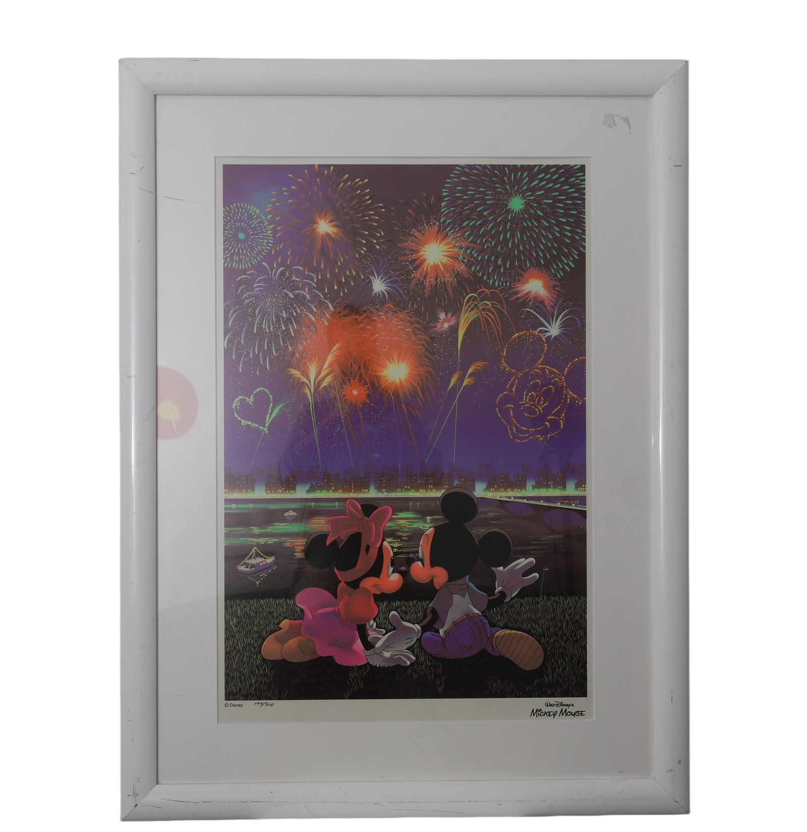 MICKEY AND MINNIE DISNEY POSTER, NUMBERED LIMITED EDITION: Collectible Disney poster with Mickey and Minnie. Number 104/500. Dimensions: Unframed 66cm x 45cm (25.98" x 17.72"); framed 95cm x 70cm (37.40" x 27.56")Note: This can be sent unframed to reduce ship