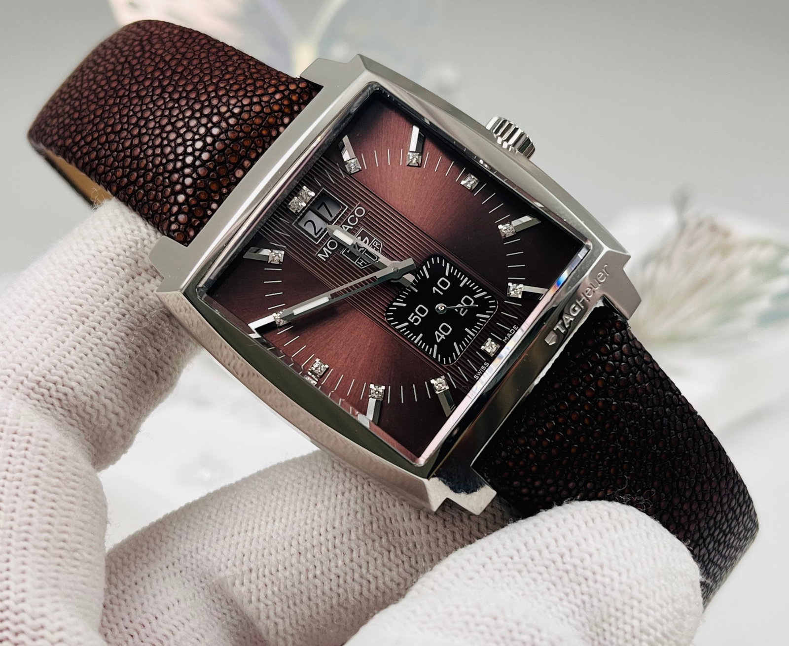 TAG HEUER MONACO: TAG Heuer Monaco WAW1315.FC6217, complete set as shown in the picture, no warranty card. Both original straps included. 37mm stainless steel square case, quartz movement, deep brown diamond-set dial