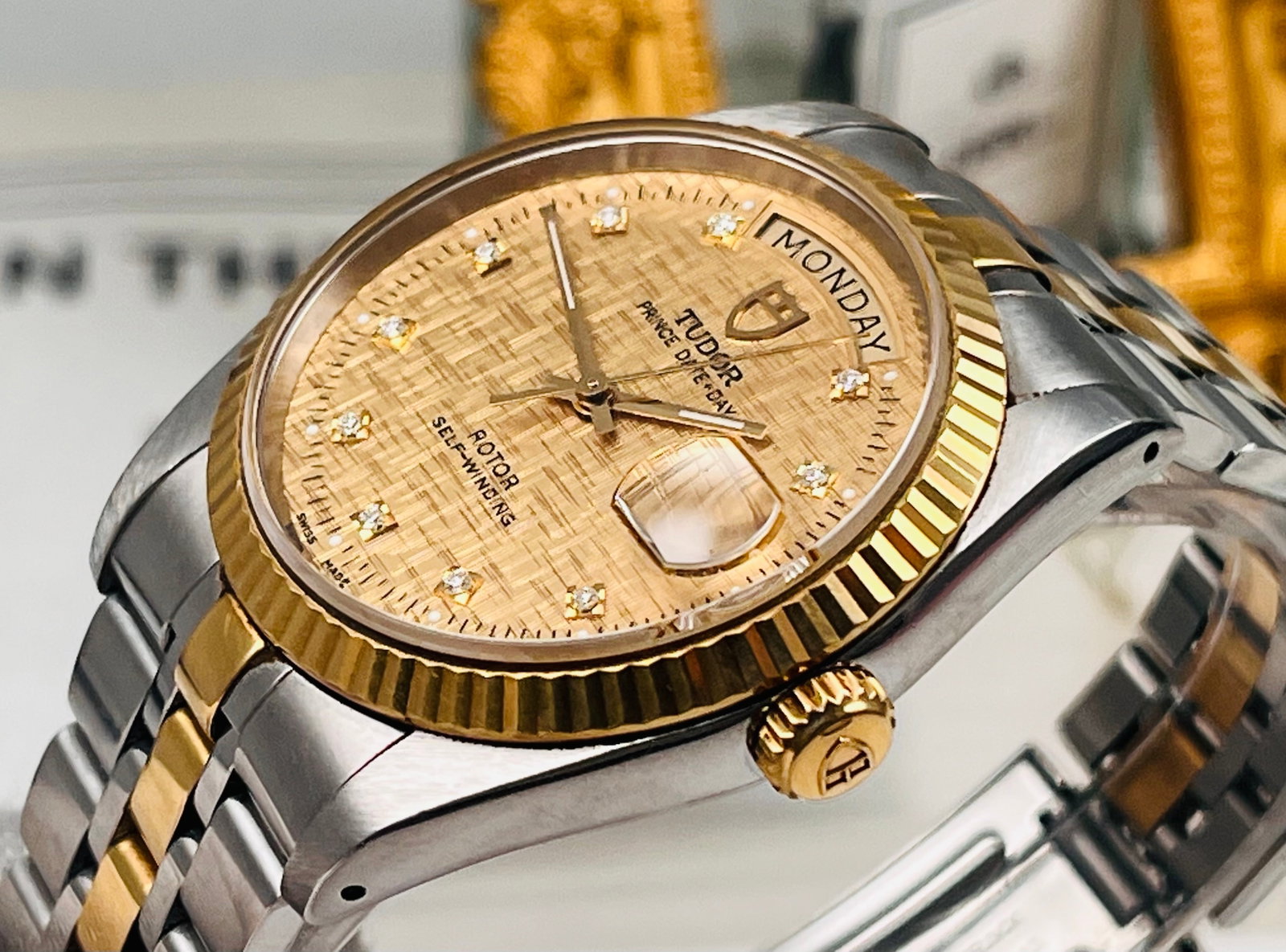 TUDOR PRINCE & PRINCESS COLLECTION WATCHES: Tudor Prince and Princess Series M76213-0007 Full Set, Two-Tone Steel and Gold Case, 36mm Diameter, Automatic Mechanical Movement, Day and Date Display, Champagne-Colored Textured Dial with Two-Tone S
