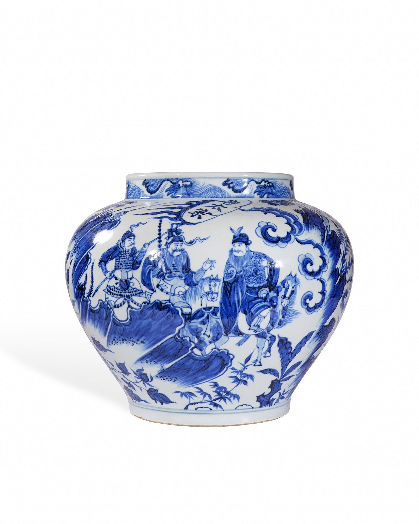 YUAN DYNASTY BLUE AND WHITE PORCELAIN JAR WITH THE PATTERN OF YUCHI GONG'S SINGLE WHIP SAVING THE: L:33cm H:27cm This is a large blue-and-white jar of Yuan Dynasty, with short straight mouth, broad plump shoulder, rounded belly and tapering lower body supported by shallow ring foot. The pale cyan-w