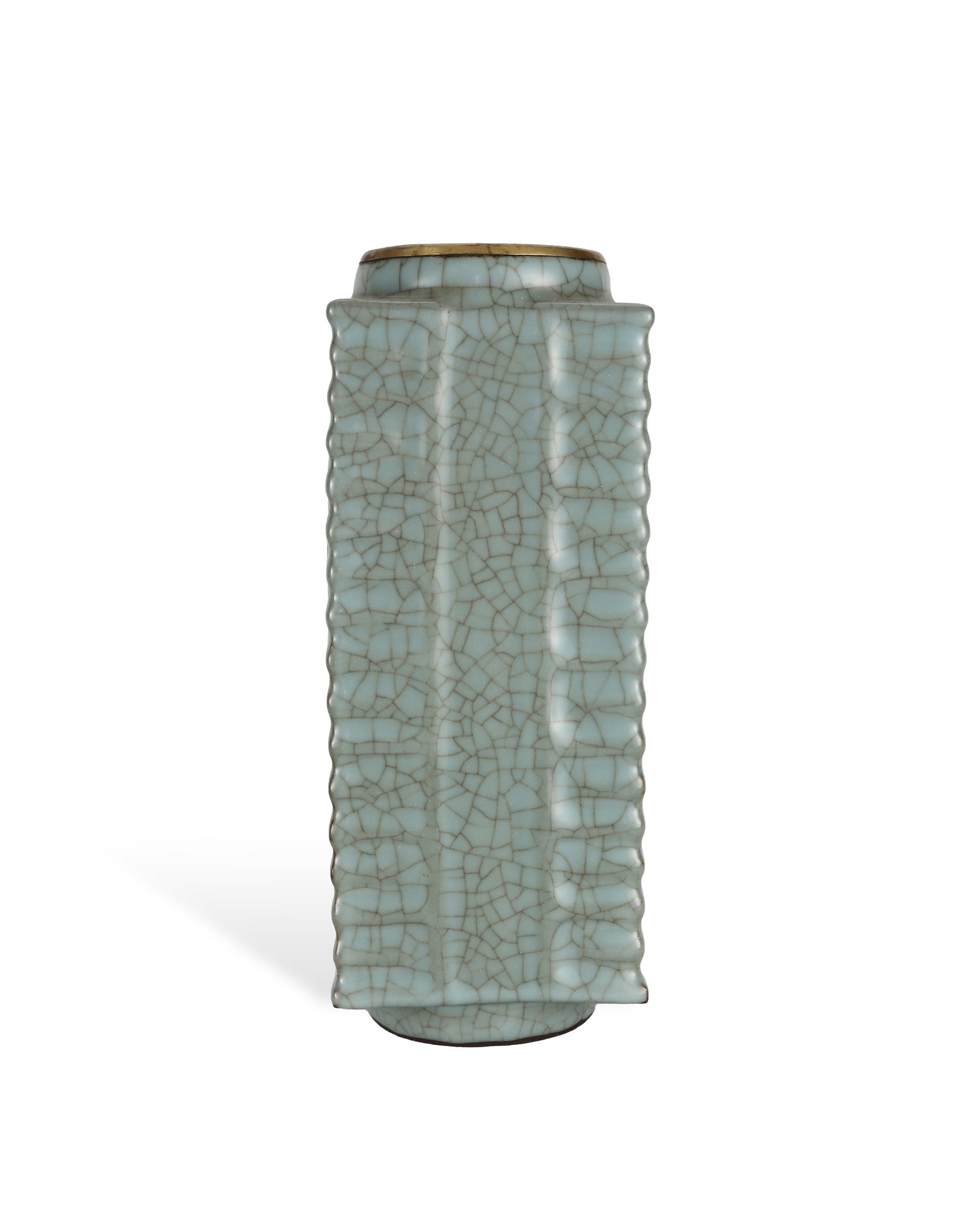 A SONG DYNASTY OFFICIAL KILN CELADON SPLIT CONG VASE: H:27cm W:10.5cm A Song-dynasty official celadon vase modeled after ancient jade cong ritual vessel, with square long body, short straight round mouth and ring foot. The whole piece is covered with thi