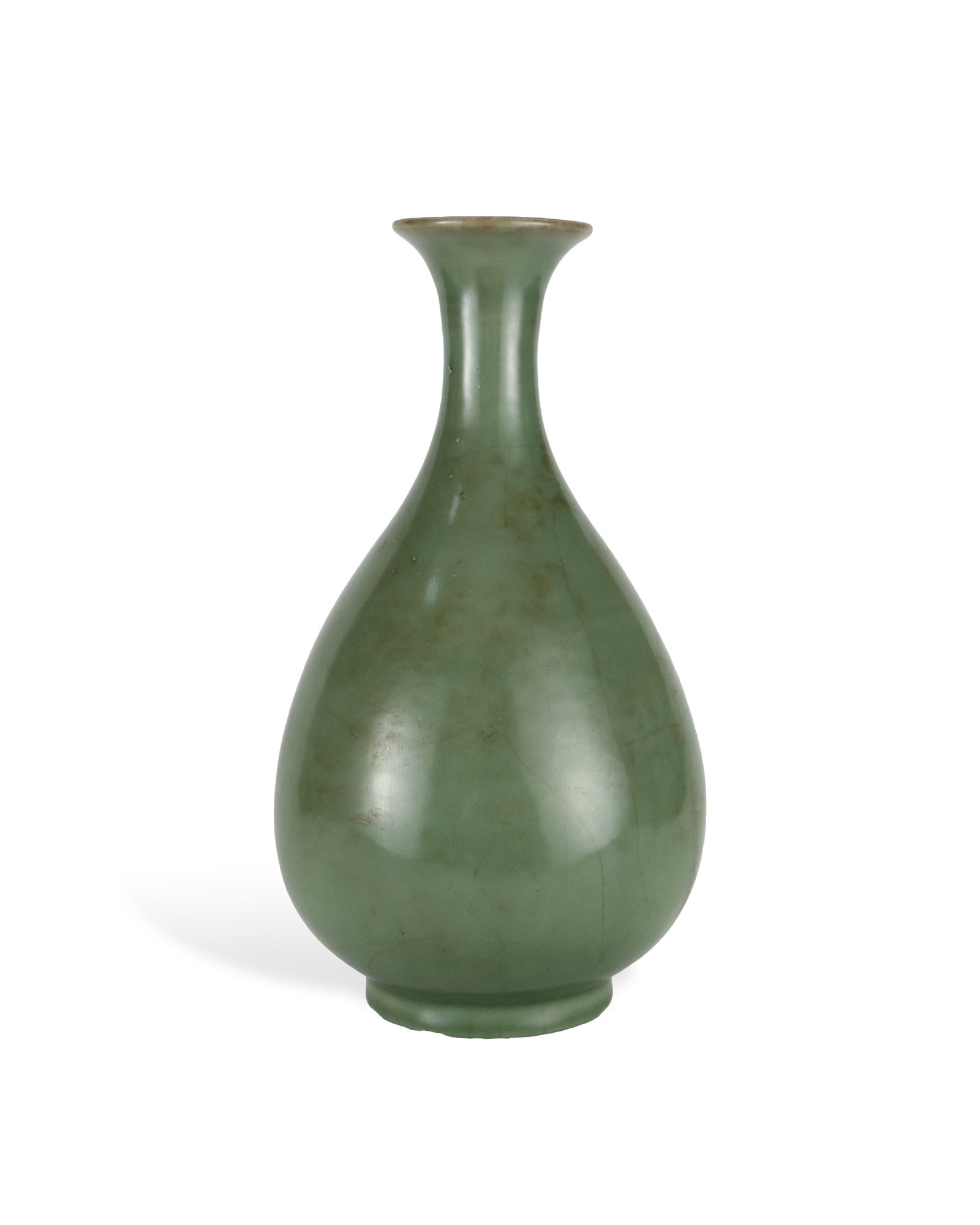 YUAN DYNASTY LONGQUAN KILN PLUM GREEN GLAZED JADE POT SPRING VASE: H:34cm W:19cm This is a classic decorative pear-shaped vase from Longquan kiln of the Yuan Dynasty, with flared mouth, slender neck and full pear belly supported by short ring foot. The whole piece is
