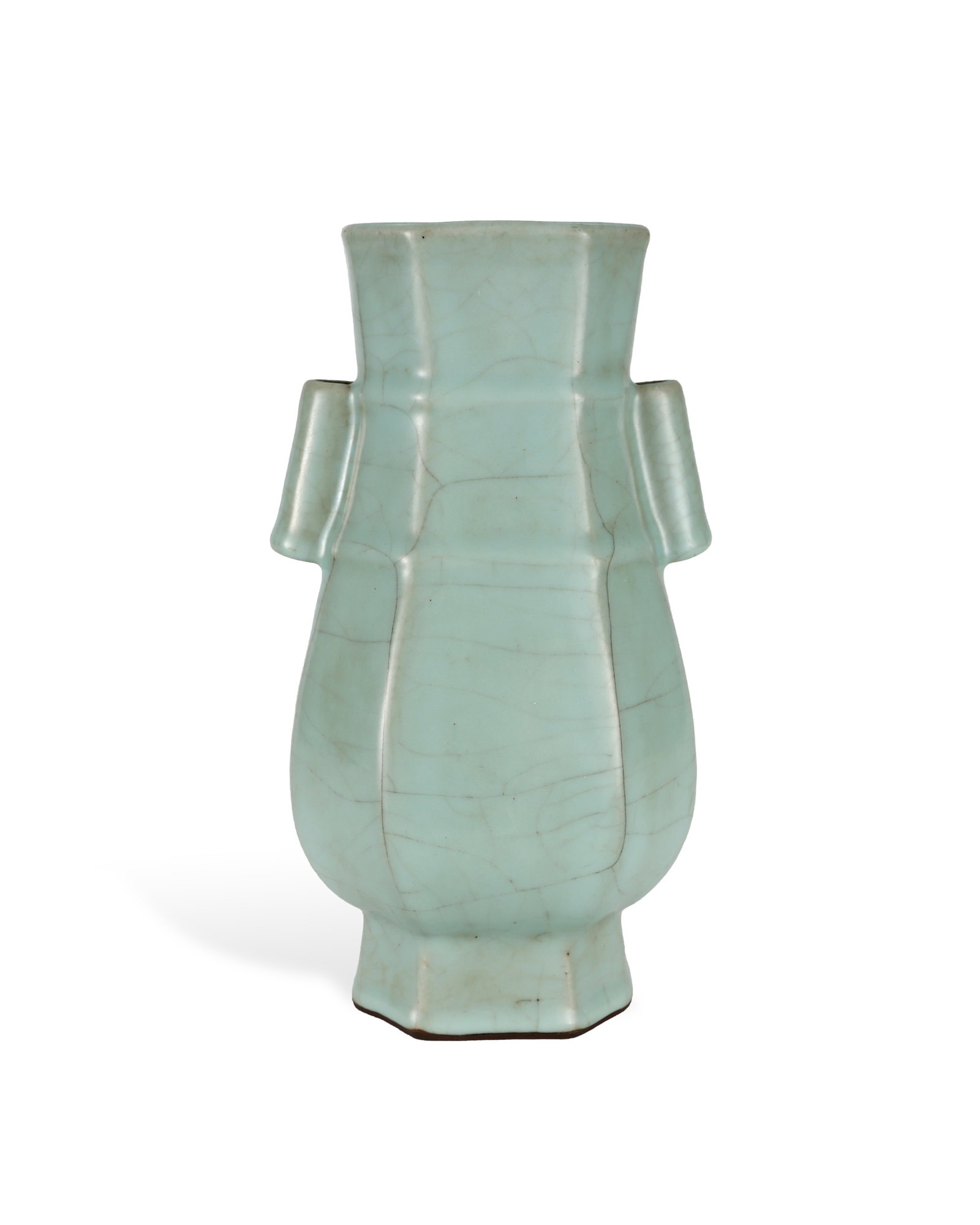 SONG DYNASTY OFFICIAL KILN POWDER BLUE OCTAGONAL THROUGH-EAR VASE: H:24.8cm W:14cm This is an ancient ritual-style vase from Song official kiln. It features segmented octagonal body, paired tubular handles on both sides of the neck and octagonal foot rim coated with 
