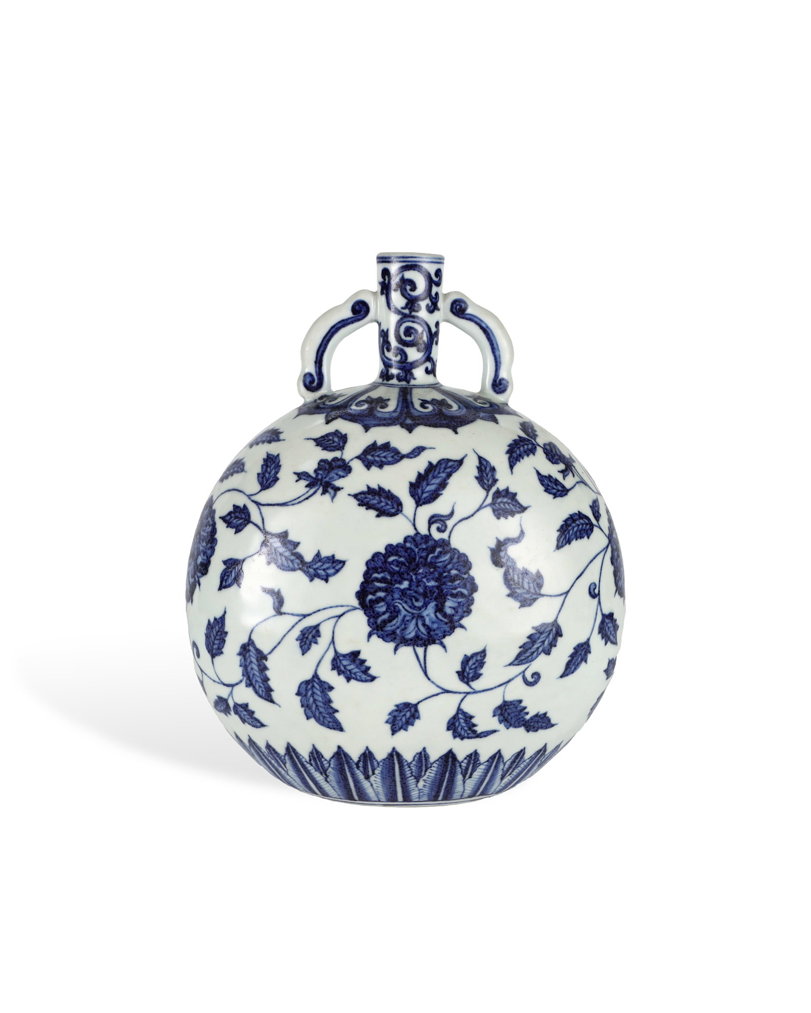 MING DYNASTY BLUE AND WHITE PEONY-PATTERNED RUYI EAR FLAT POT: H:26.3cm W:21.7cm This is an imperial blue-and-white flat vase of Ming Dynasty, with slender straight neck, paired symmetric Ruyi-shaped handles and flattened round belly. It has glossy white glaze, d