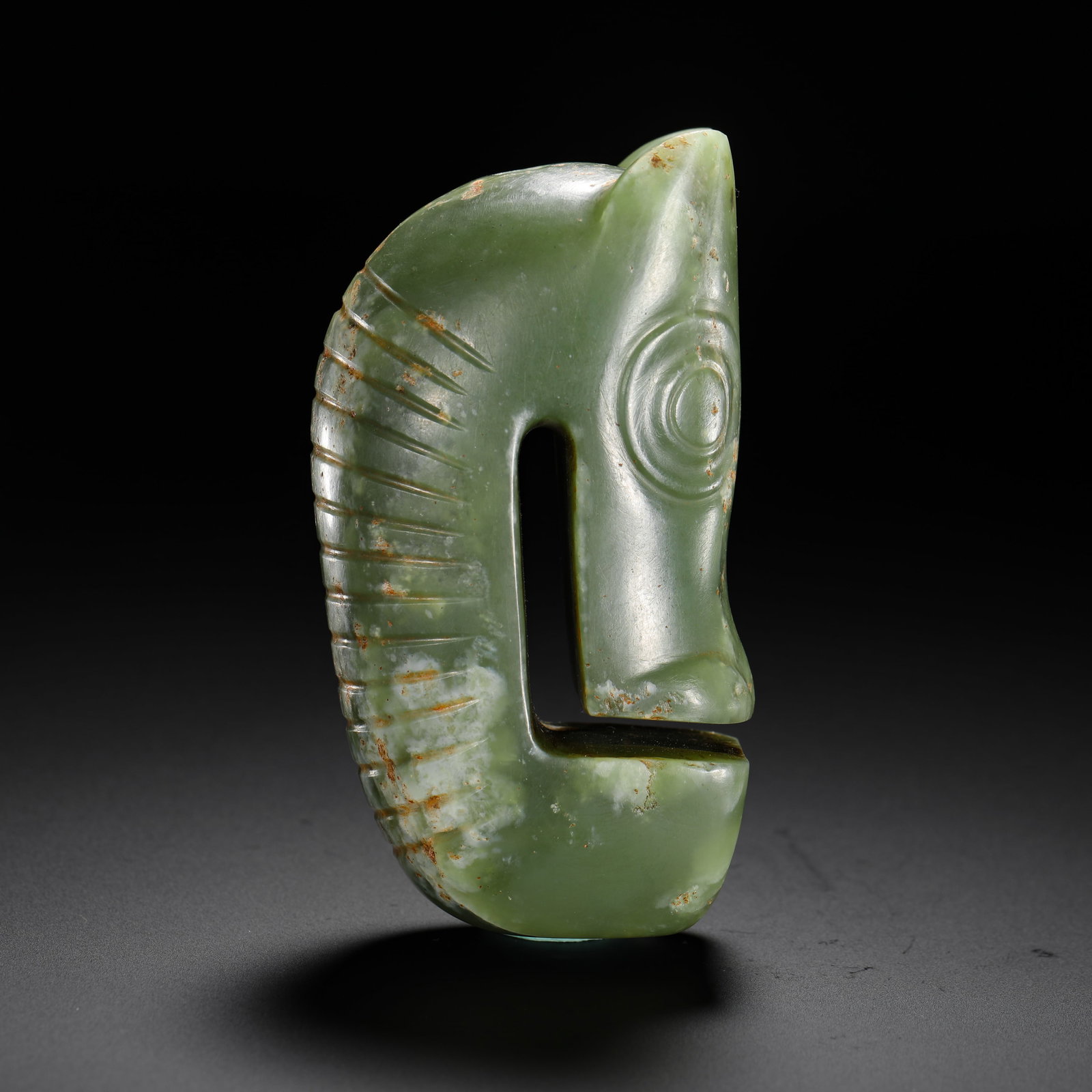 RED MOUNTAIN CULTURE JADE PIG DRAGON: H:10cm W:5.5cm Weight:310g A typical Hongshan pig dragon carved from yellowish green jade with carved mane lines, a core ancient ritual jade for worship