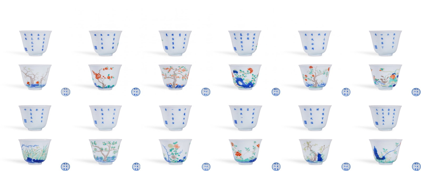 QING KANGXI FIVE-COLOR TWELVE MONTHS FLOWER GODDESS CUP: D:6.6cm H:5.3cm This is a full set of twelve imperial wine cups fired in the Kangxi reign of Qing Dynasty, each representing the flower of one lunar month. They adopt bell-shaped thin-walled design wi