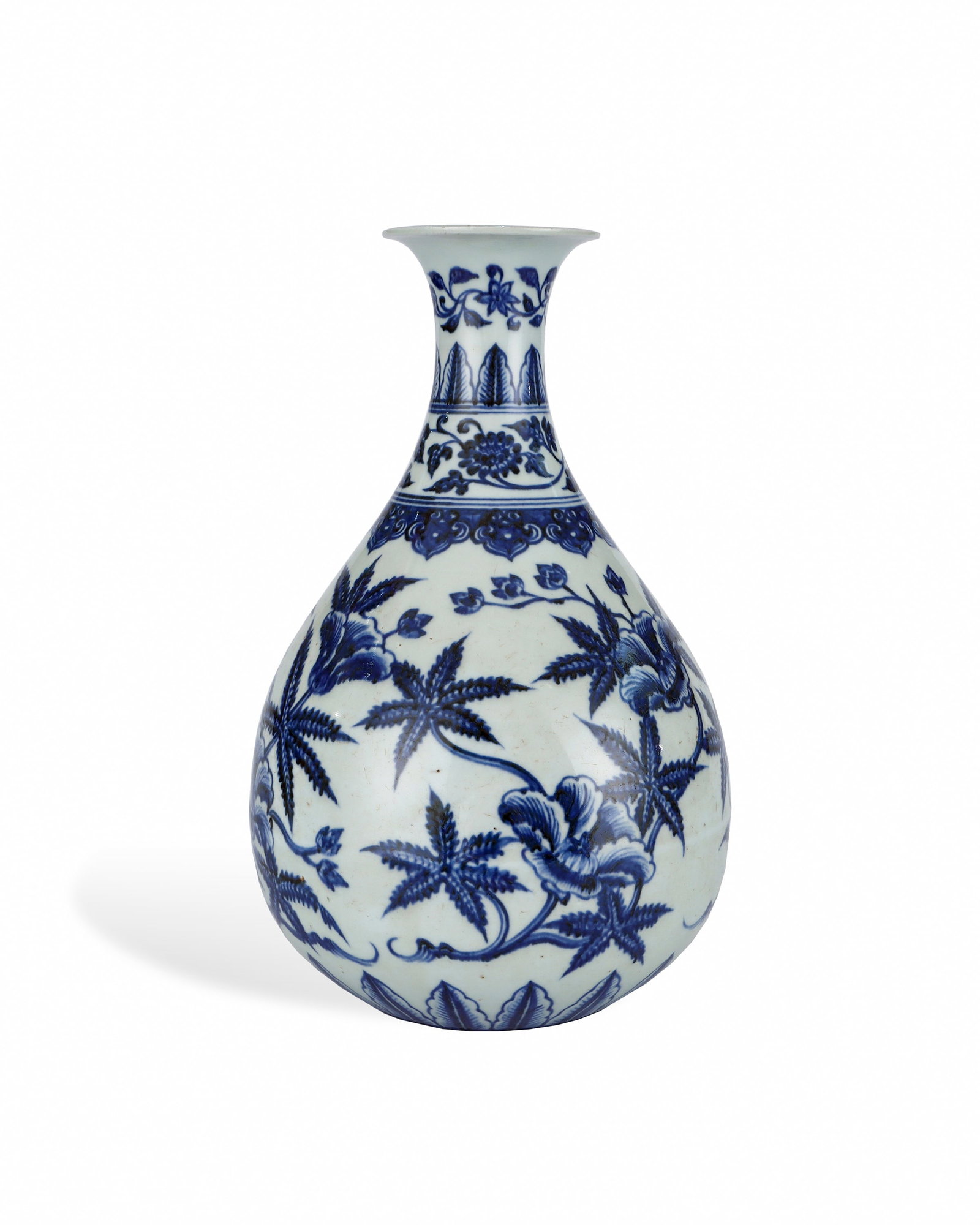 MING XUANDE BLUE AND WHITE FLOWER PATTERN JADE HUCHUN VASE: H:29.7cm W:18.5cm This is a classic imperial pear-shaped decorative vase of Ming Dynasty, with flared mouth, slender tapering neck and plump pear belly supported by shallow flat foot. It is covered wi
