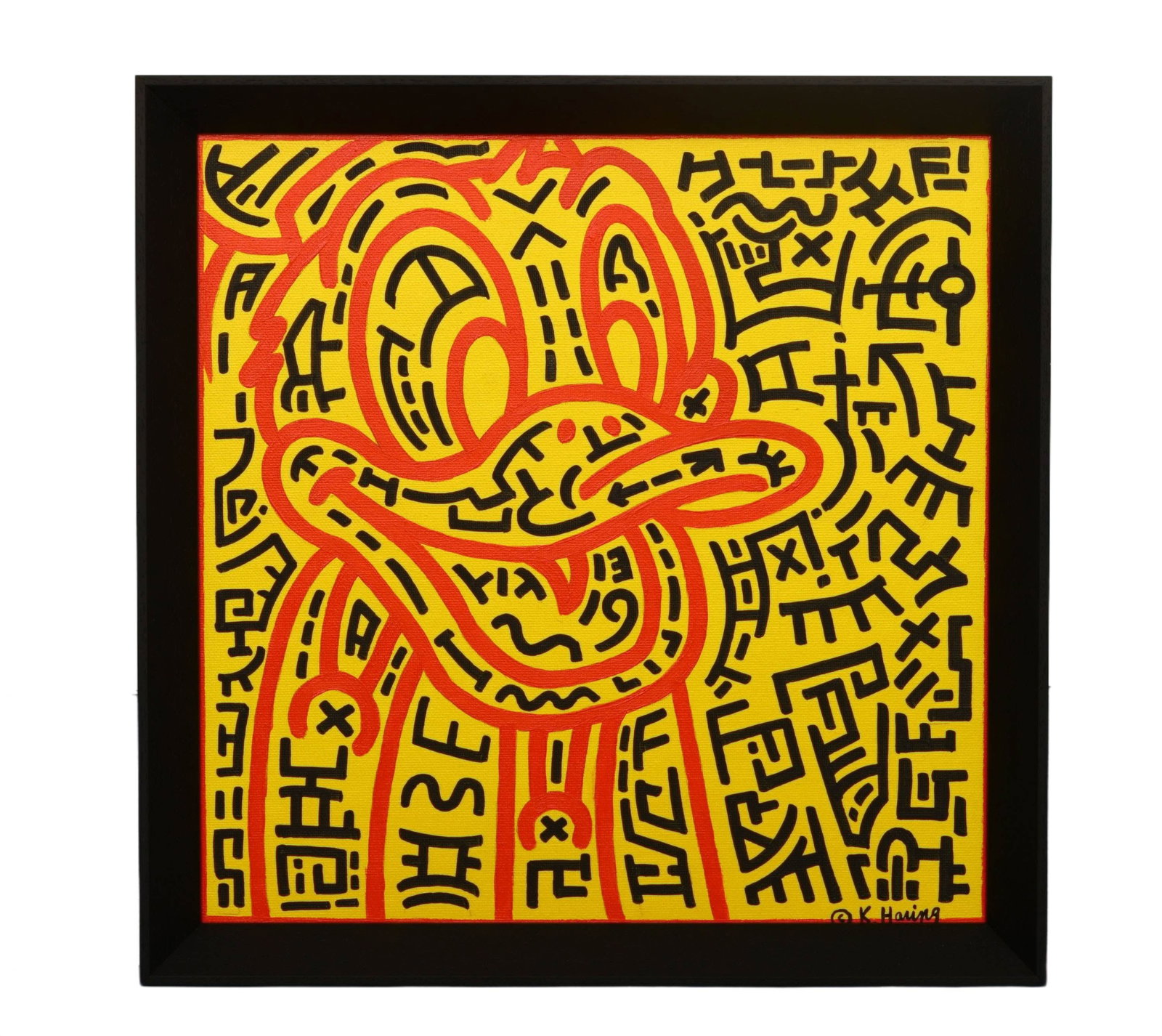 KEITH HARING (AMERICA, 1958-1990), ATTRIBUTED TO, ACRYLIC ON CANVAS ORIGINAL PERIOD FRAME: Condition: The canvas and frame of the artwork retain natural signs of age, with a flat and stable surface free from tears, holes, severe cracking, or repair marks. The overall condition is consistent