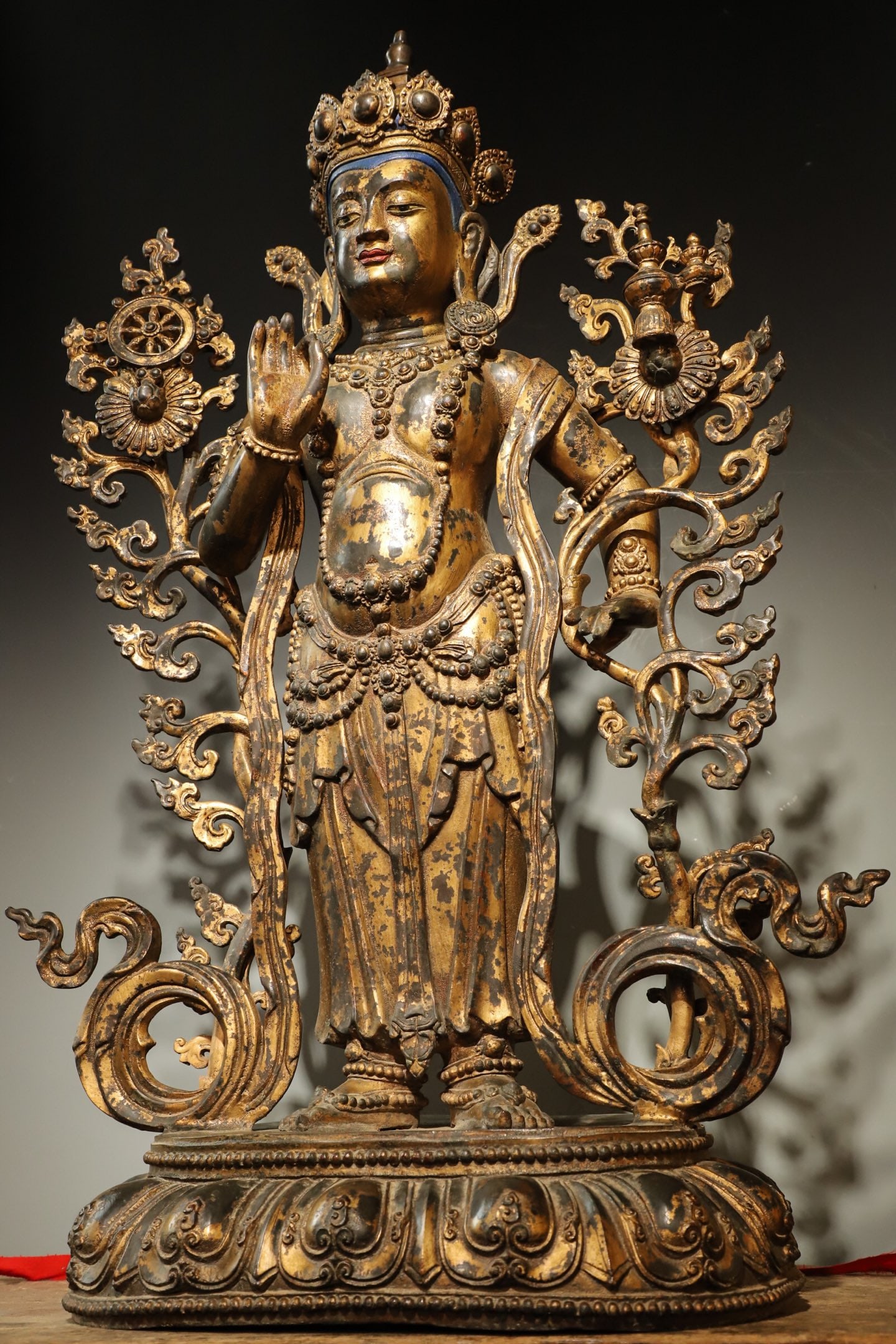 A GILDED BRONZE STANDING STATUE OF MAITREYA BODHISATTVA FROM THE MING DYNASTY: H:90cm L:58cm W:32cm Weight:31500g