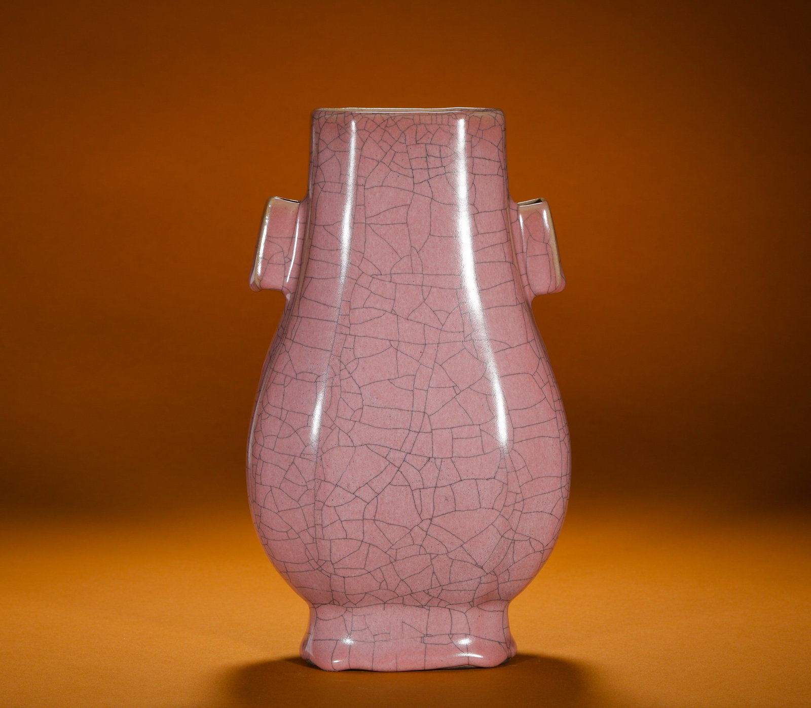 SONG DYNASTY OFFICIAL KILN PINK GLAZED EAR-EAR VASE: Height:23cm (9.06in)Width:14cm (5.51in)Weight:930g(2.05lb)AntiqueSongofficialkilnpinkglazepiercedearvase, finefullcrackle, rareimperialritualporcelain.